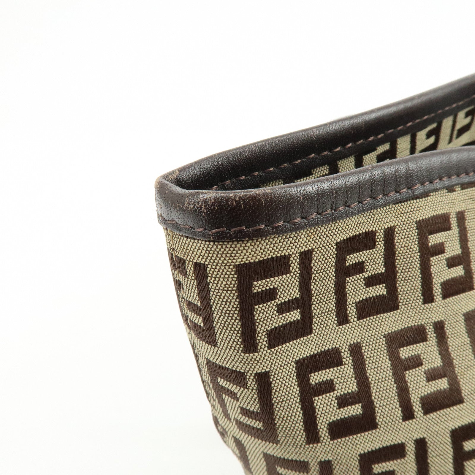 FENDI Zucchino Canvas Leather Tote Bag Hand Bag Shoulder Bag Brown