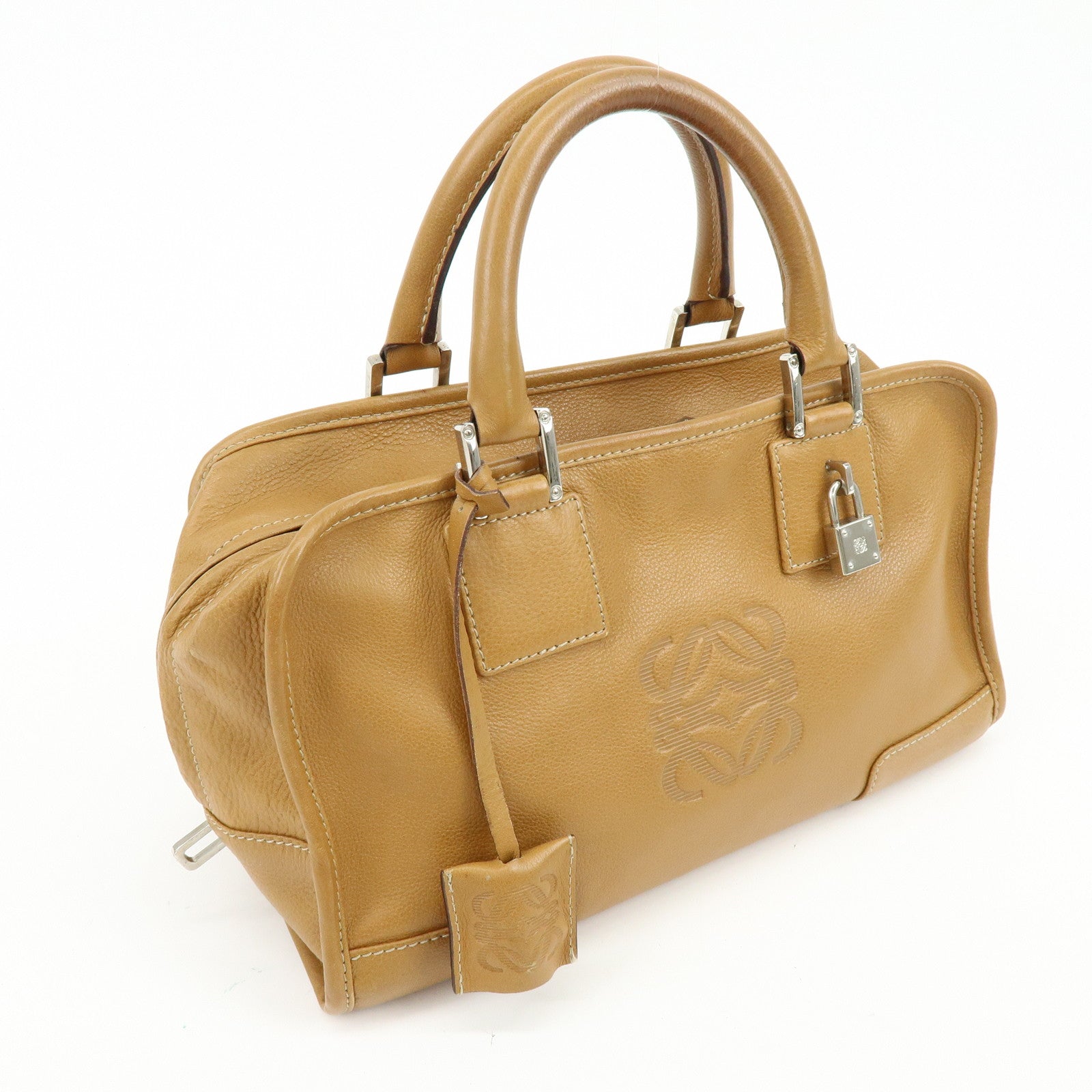 LOEWE Anagram Amazona 28 Leather Hand Bag Boston Bag Camel