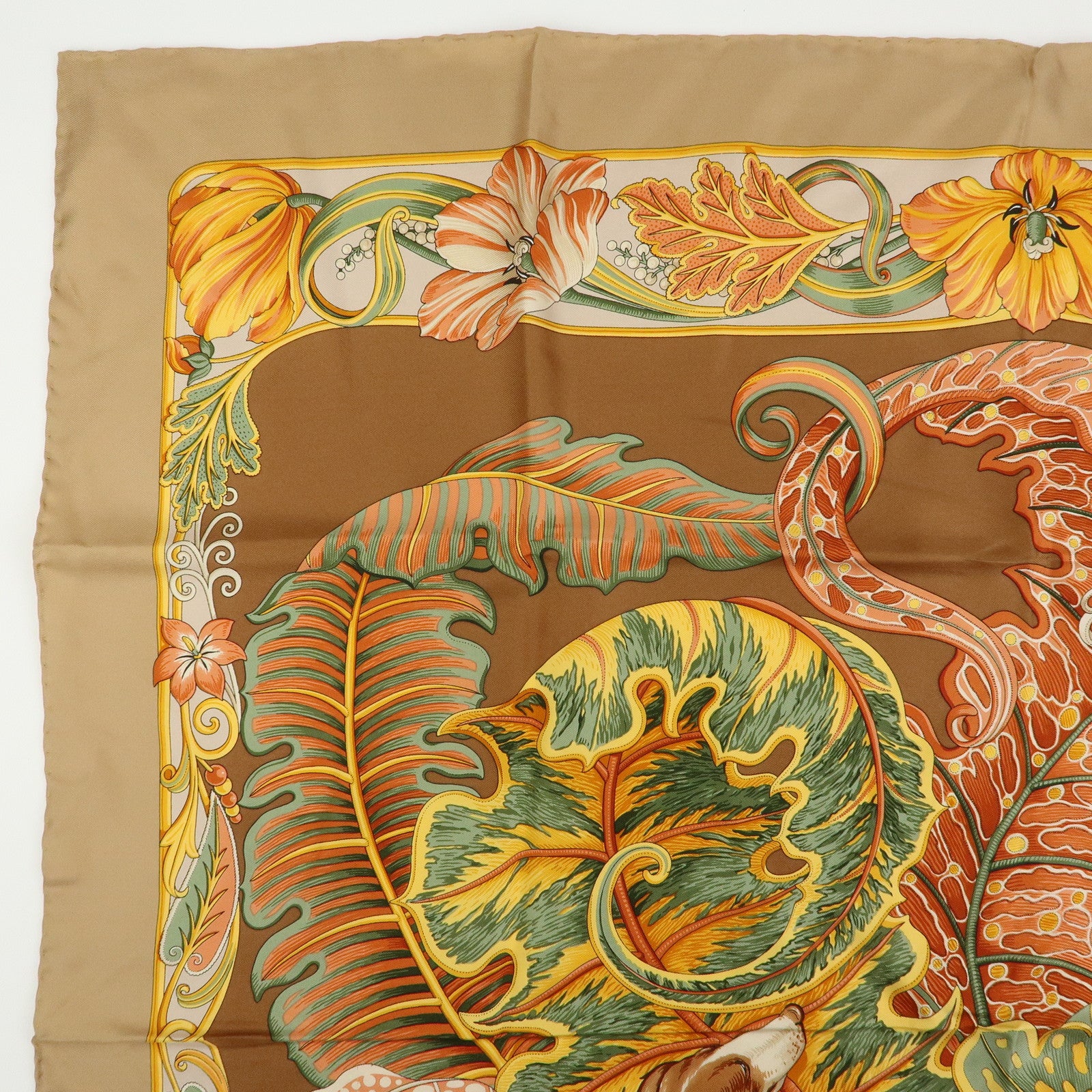 Ferragamo Silk 100% Scarf Animal Print Beige Orange Green Yellow