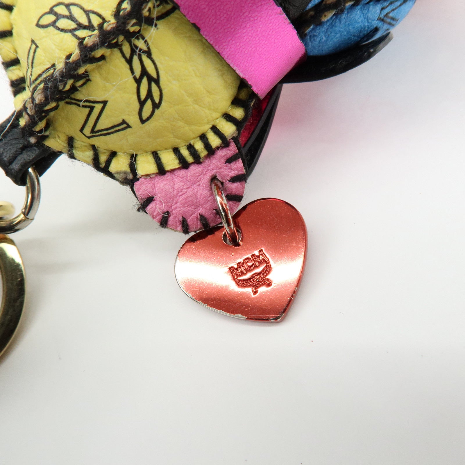 MCM Visetos Bear Leather Bag Charm Key Chain Yellow Pink Blue