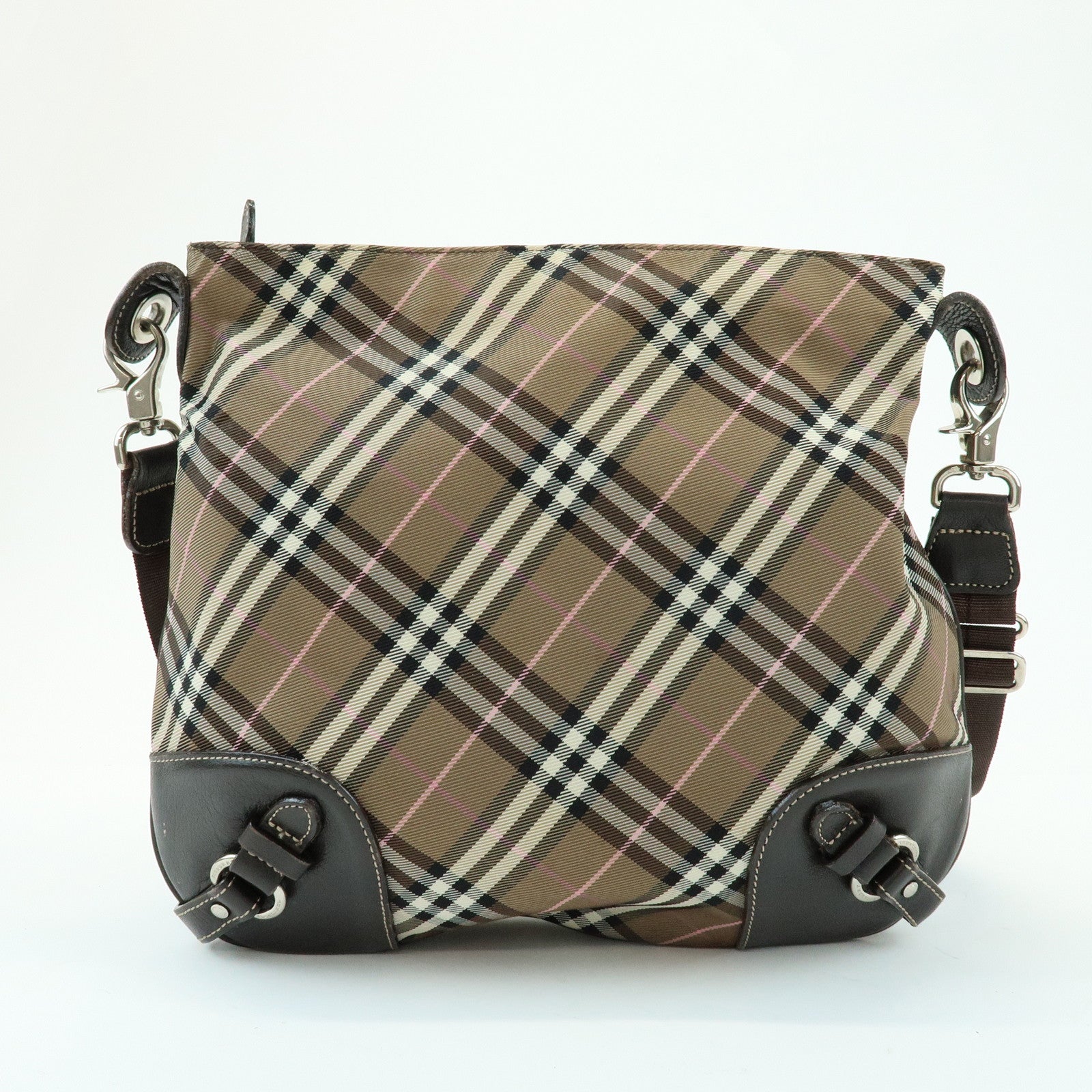 BURBERRY Nova Plaid Blue Label Canvas Leather Shoulder Bag Brown