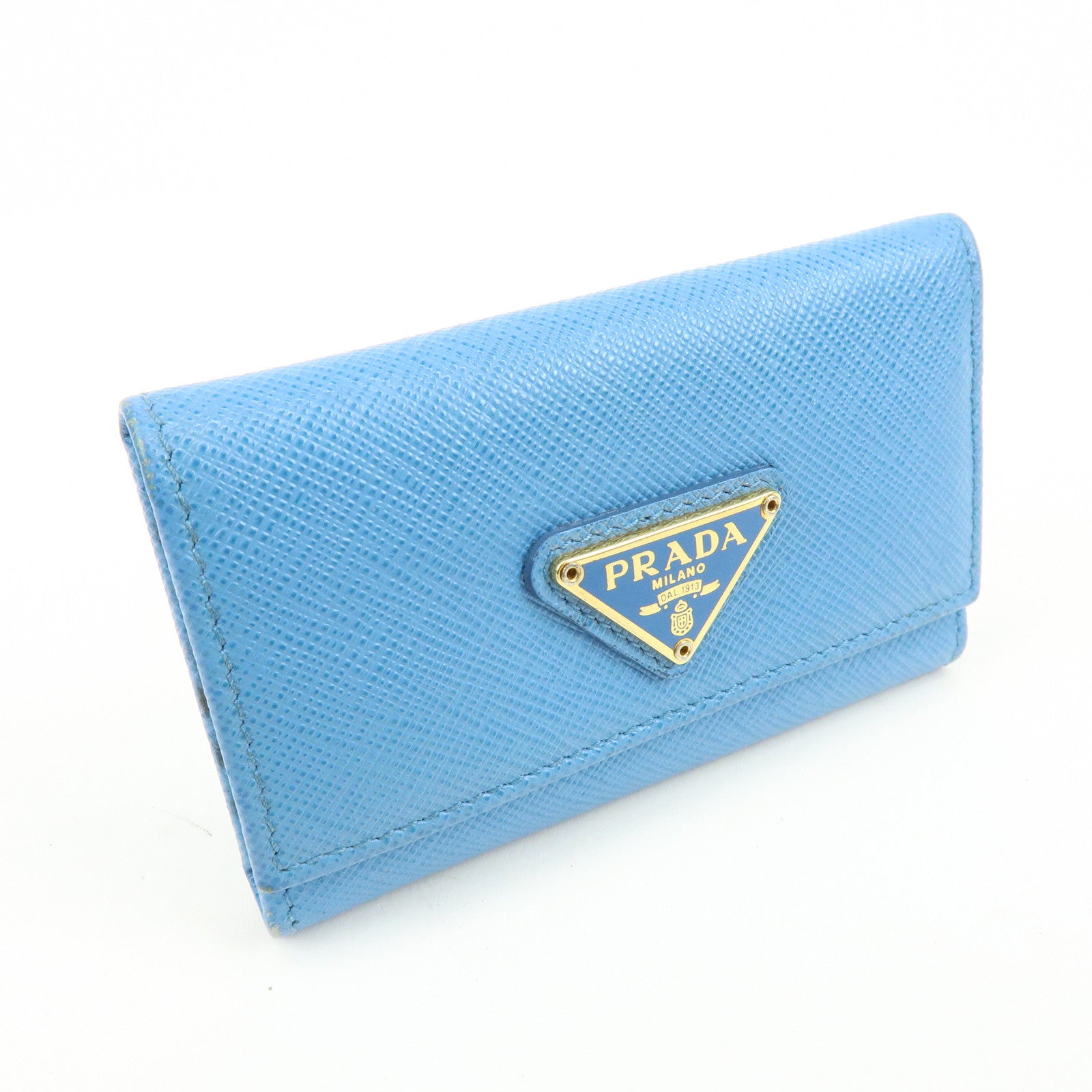 PRADA Triangle Log Saffiano Leather Key Case Key Holder Blue