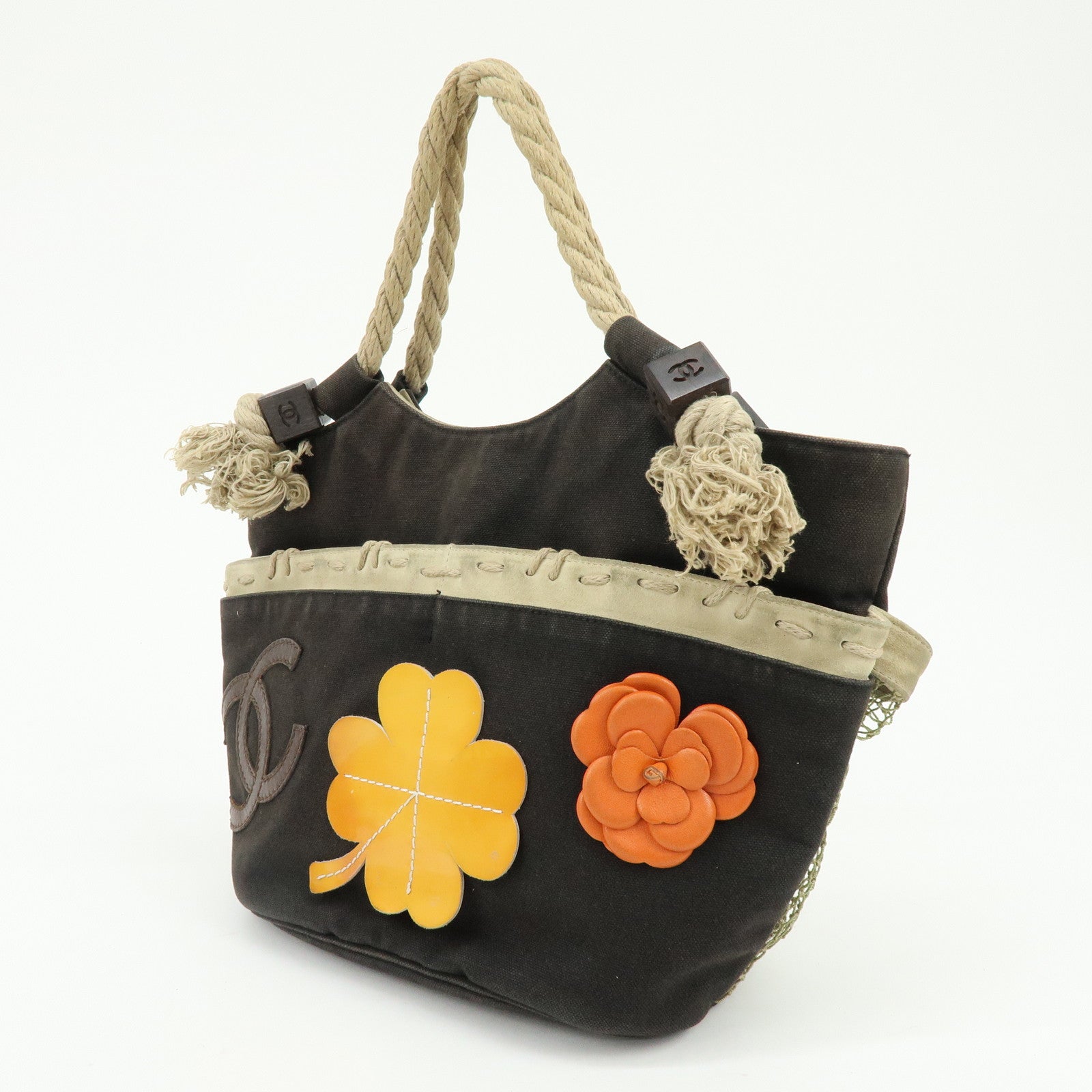 CHANEL COCO Mark Cruise Collection Camellia Canvas Rope Tote Bag Black