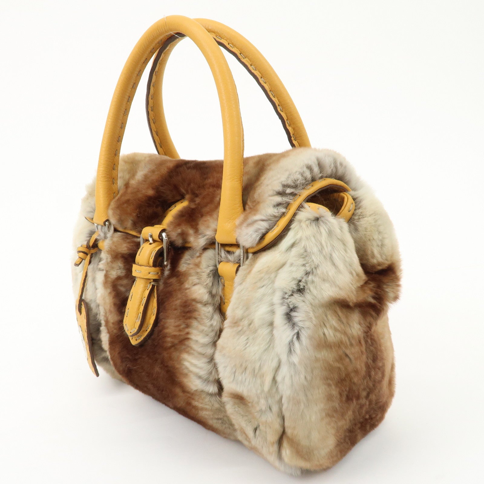 FENDI Seleria Leather Fur Mini Linda Hand Bag Brown White 8BR486 Used