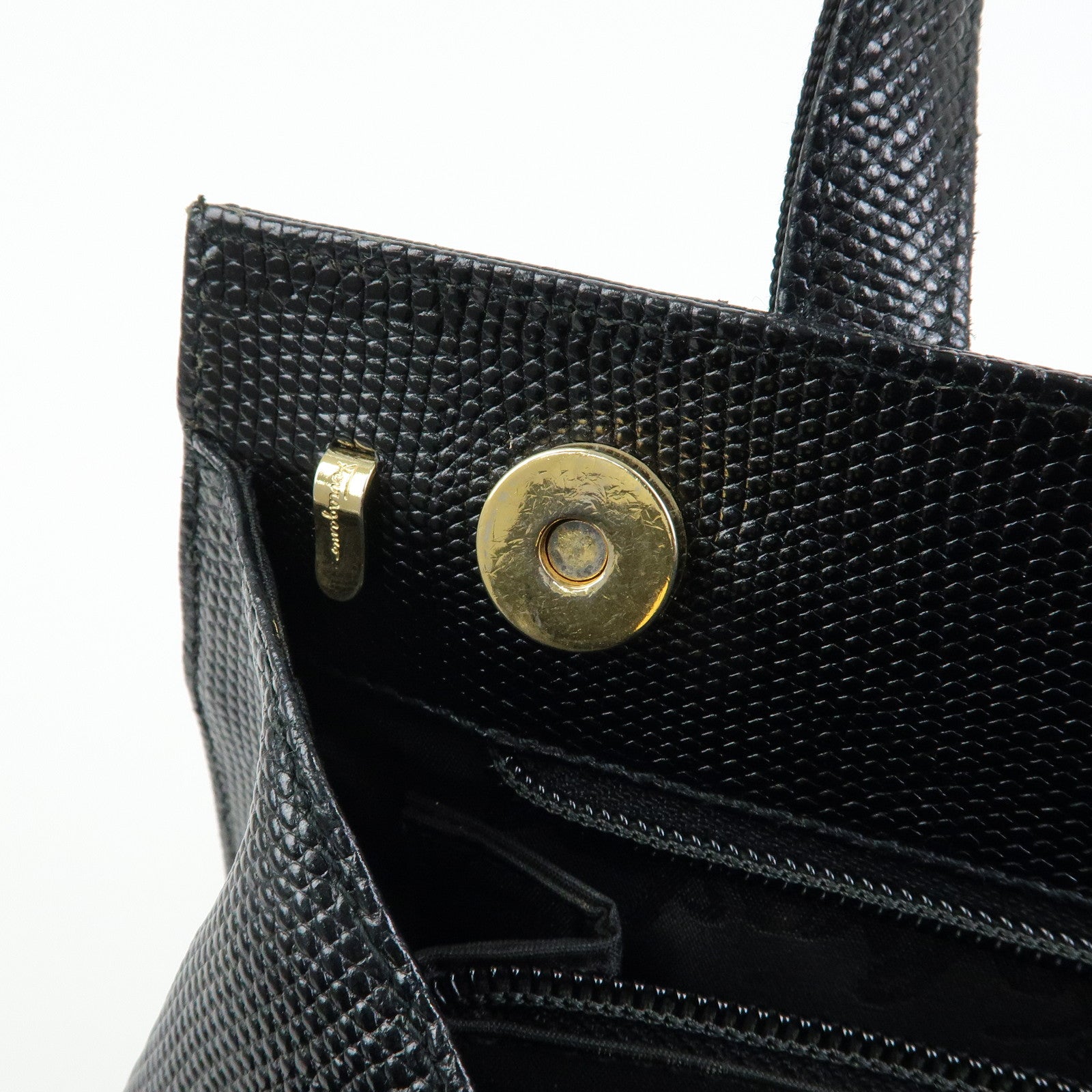 Ferragamo Vara Ribbon Embossed Leather Canvas 2Way Hand Bag Black