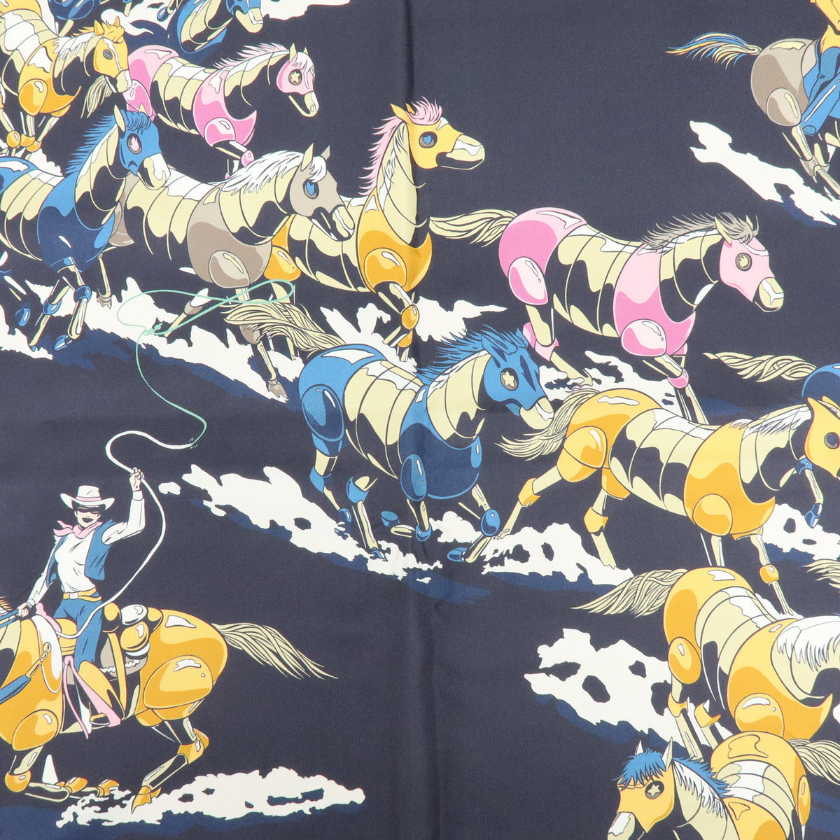 HERMES Carre Double Face 90 Silk 100% Scarf Les Mustangs Marble Navy