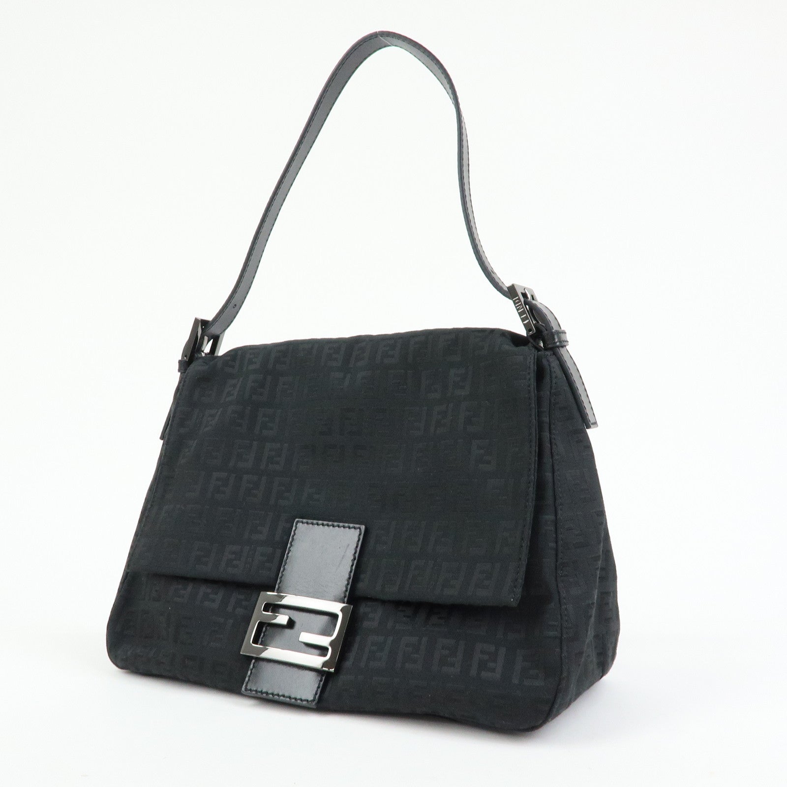 FENDI Mamma Baguette Zucchino Canvas Leather Shoulder Bag Black 8BR001