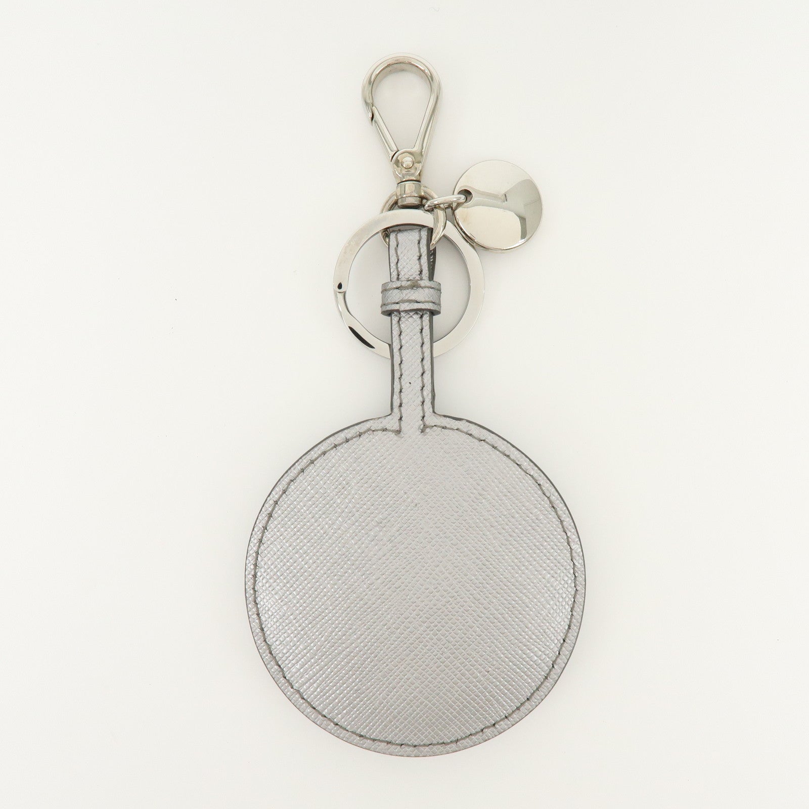 PRADA Triangle Logo Saffiano Leather Bag Charm Key Holder Silver 1TL489