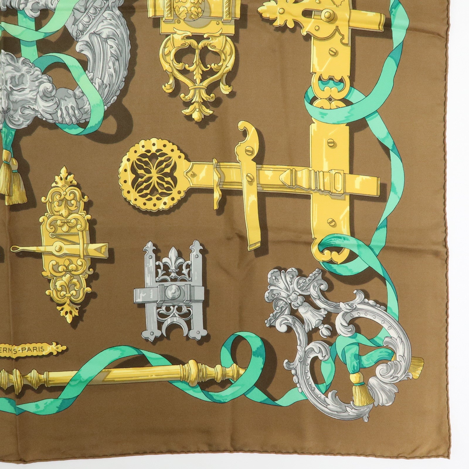 HERMES Carre 90 Silk 100% Scarf Ferronnerie Brown Gold