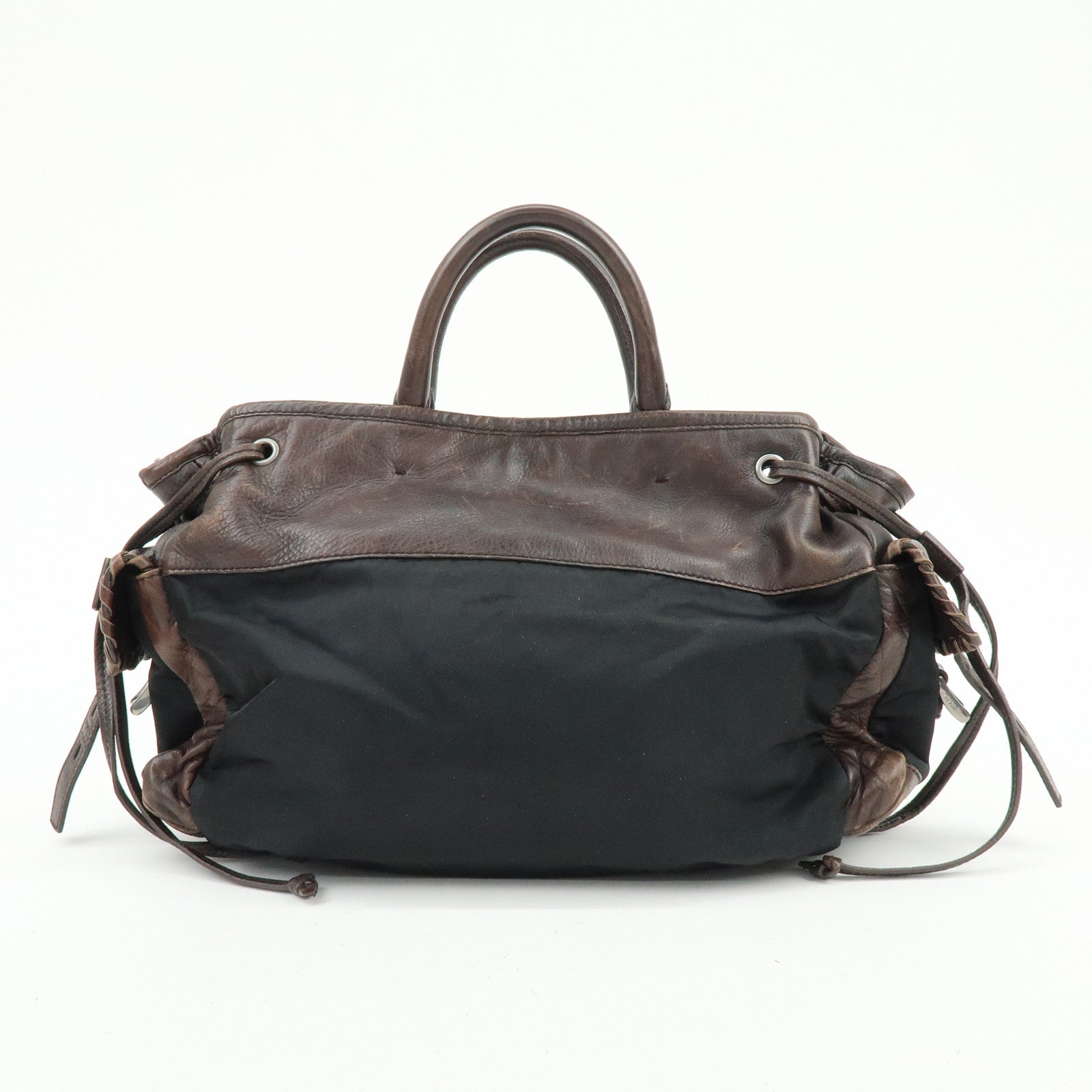 PRADA Nylon Leather Belt Drawstring Hand Bag Tote Bag Brown Black