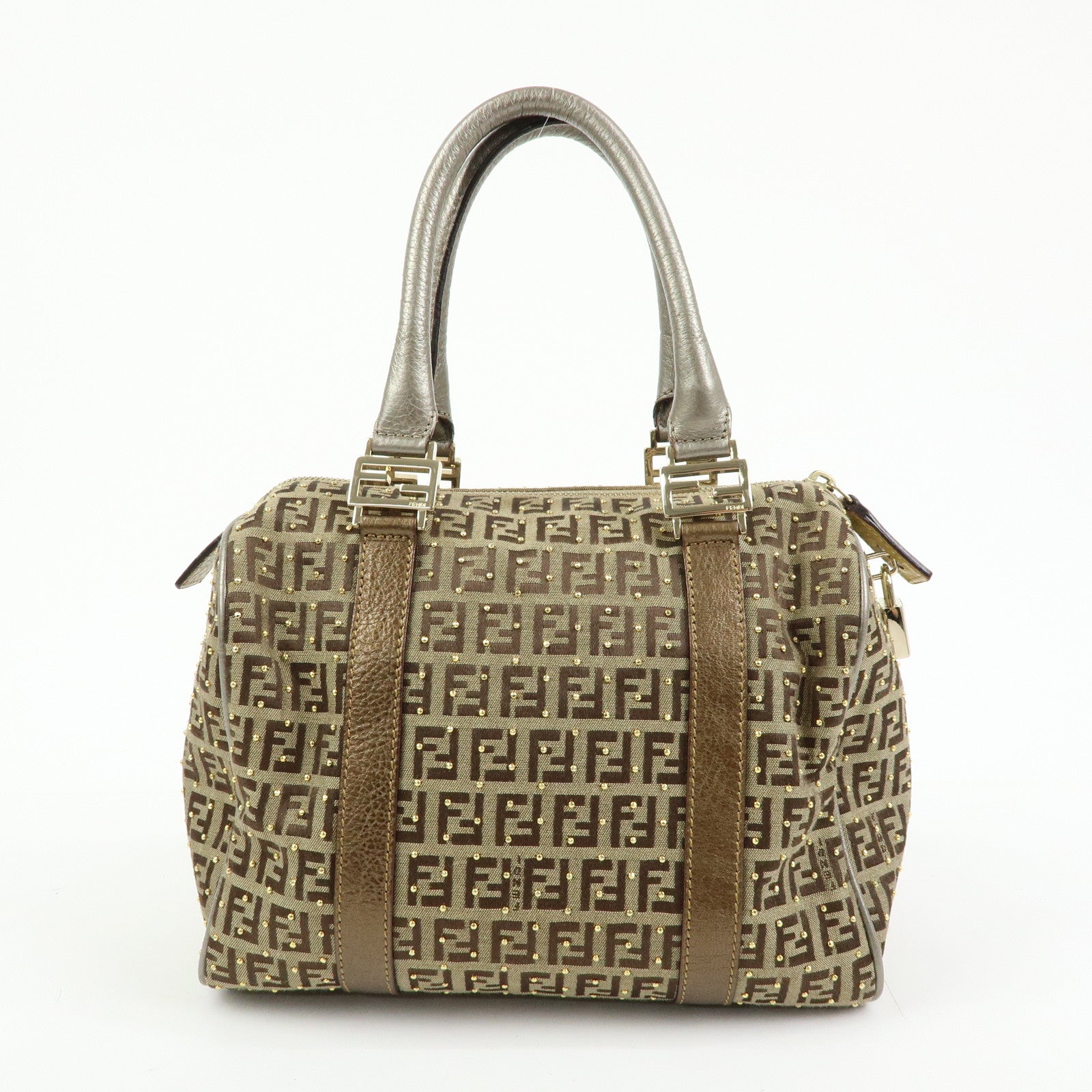 FENDI Zucchino Canvas Leather Boston Bag Hand Bag Beige Gold 8BL068