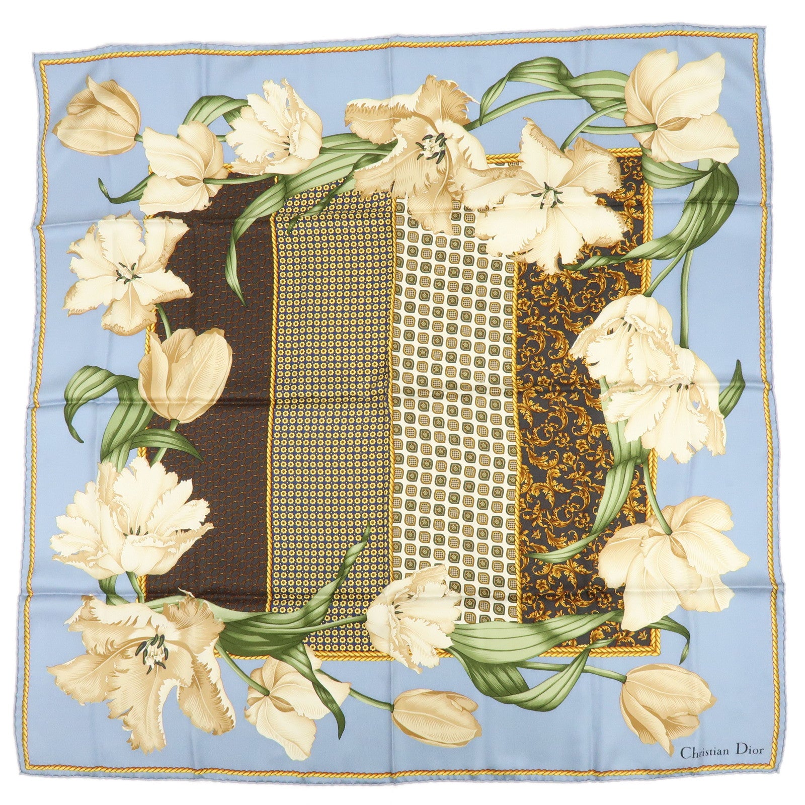 Christian Dior Silk 100% Scarf Tulips Geometric Pattern Blue Brown