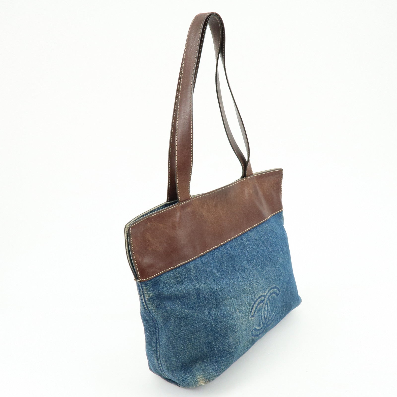 CHANEL COCO Mark Denim Leather Tote Shoulder Bag Blue Brown