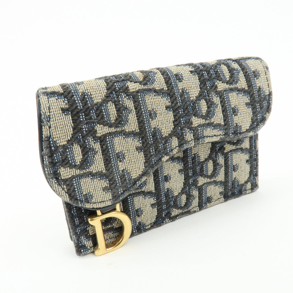 Christian Dior Oblique Saddle Jacquard Canvas Leather Card Case Navy