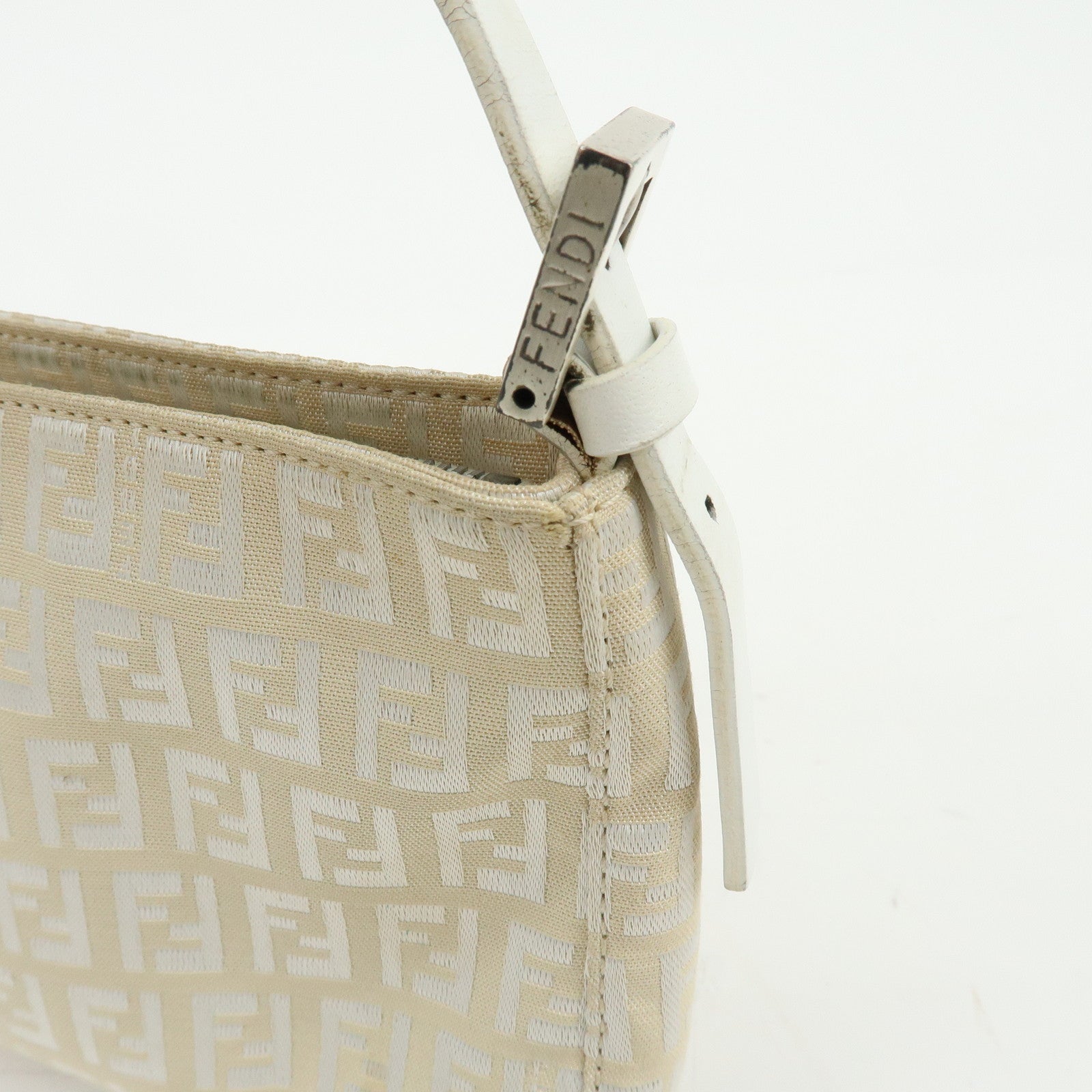 FENDI Zucchino Canvas Leather Shoulder Bag Hand Bag Beige White 8BR042