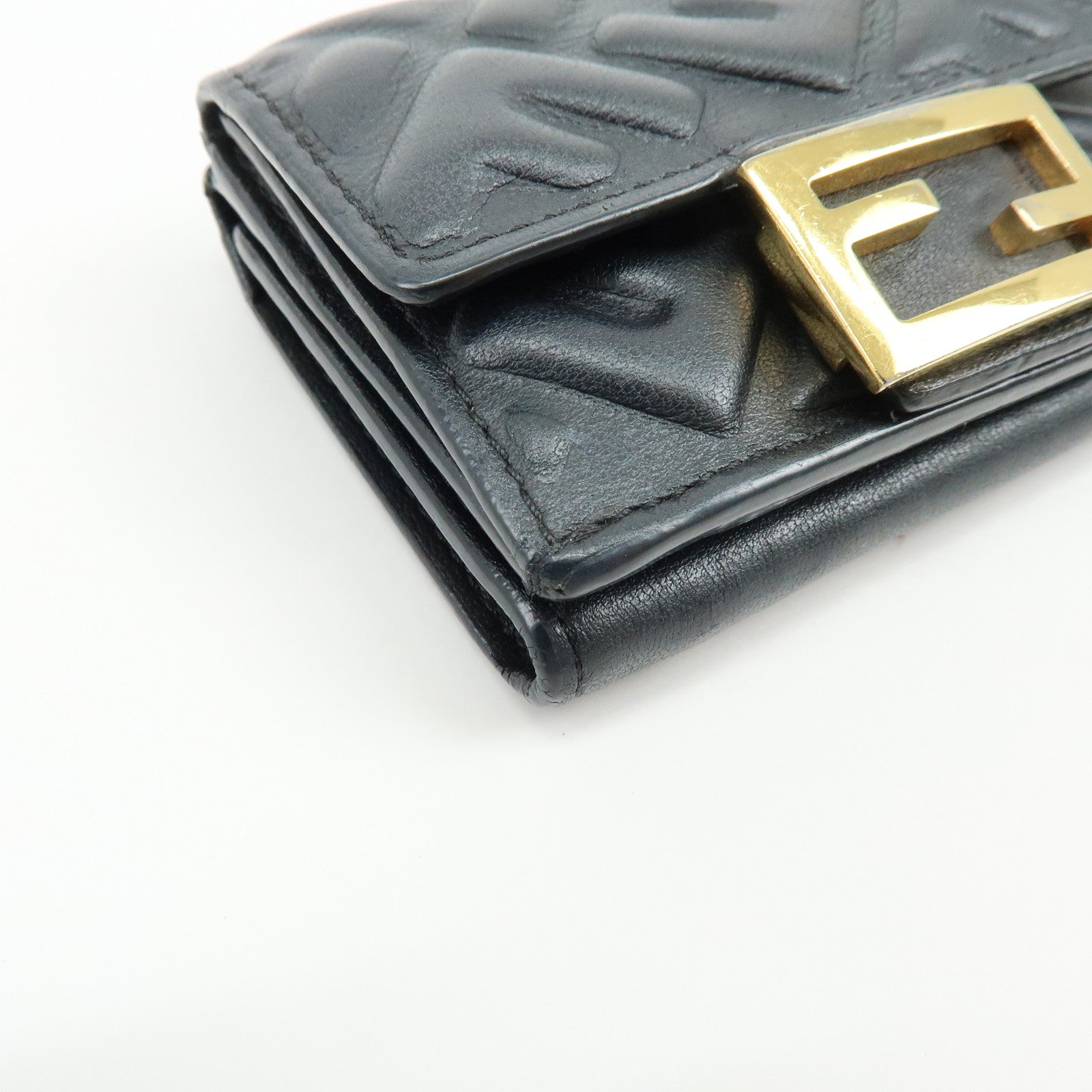 FENDI Zucca Baguette Micro Wallet Leather Tri-fold Wallet Black 8M0395