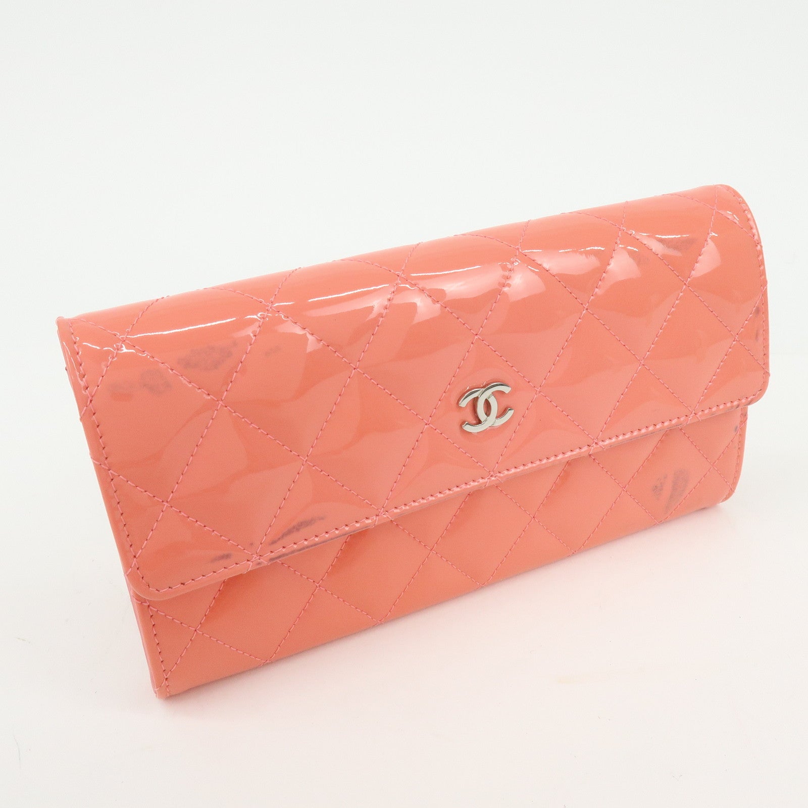 CHANEL COCO Mark Matelasse Patent Leather Long Wallet Salmon Pink