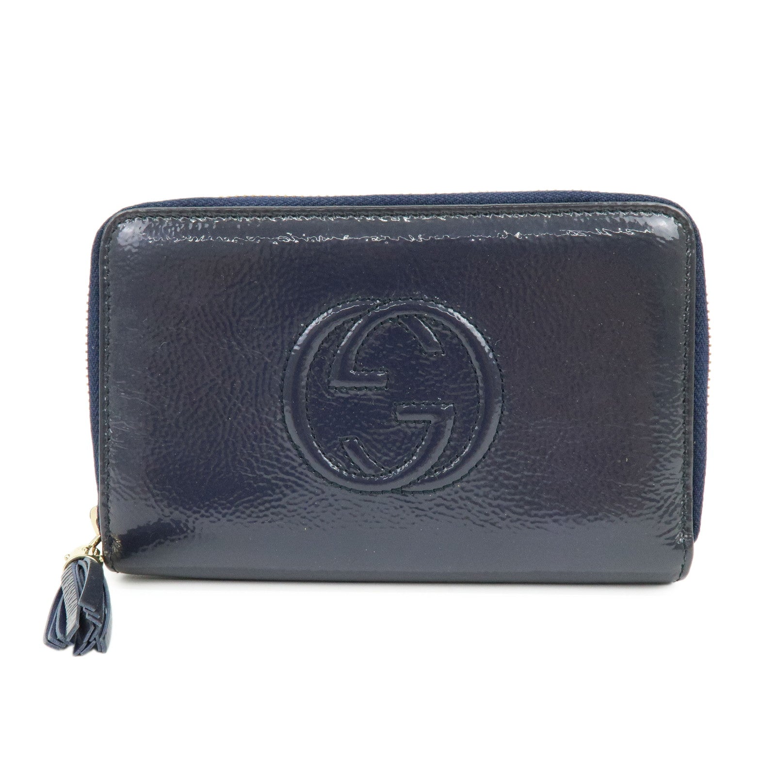 GUCCI SOHO Interlocking G Patent Leather Wallet Navy 351486