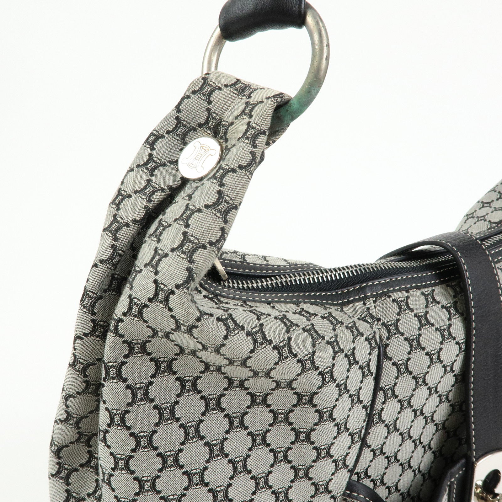 CELINE Macadam Canvas Leather Shoulder Bag Grey Black Silver