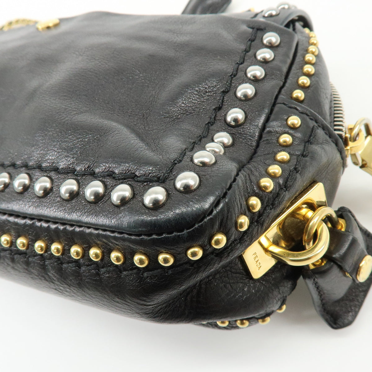 PRADA Leather Chain Shoulder Bag Studded Black Gold Silver BR4588