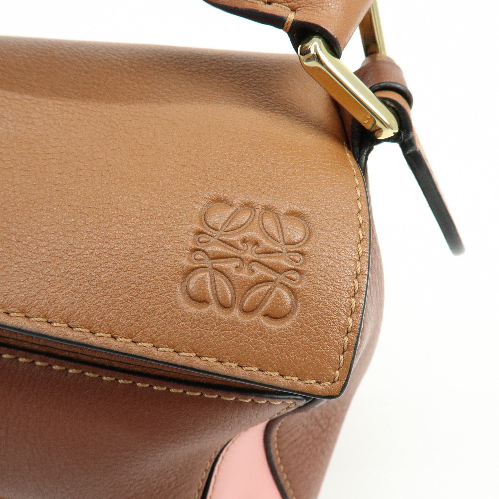 LOEWE Puzzle Bag Anagram Calf Skin Medium 2Way Bag Brown Pink Camel