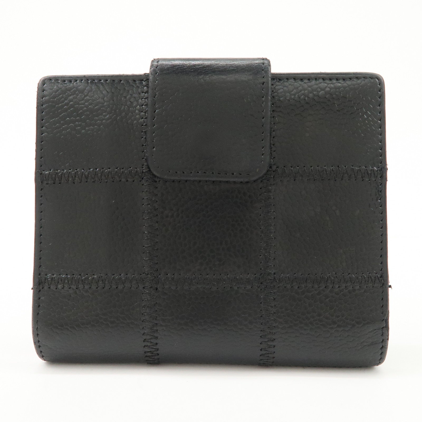 CHANEL Chocolate Bar Caviarskin W Hook Small Wallet Black Used