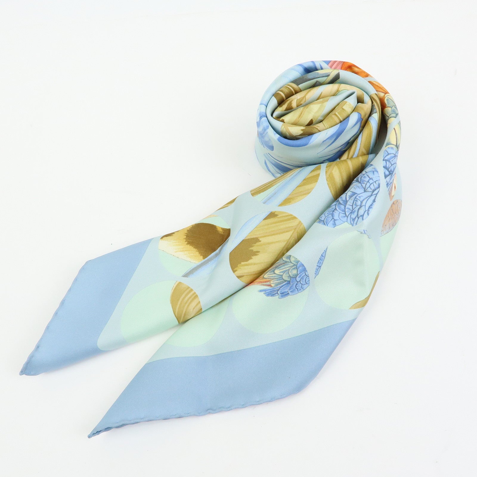 Ferragamo Silk 100% Scarf Leopard Bird Floral Print Light Blue Brown