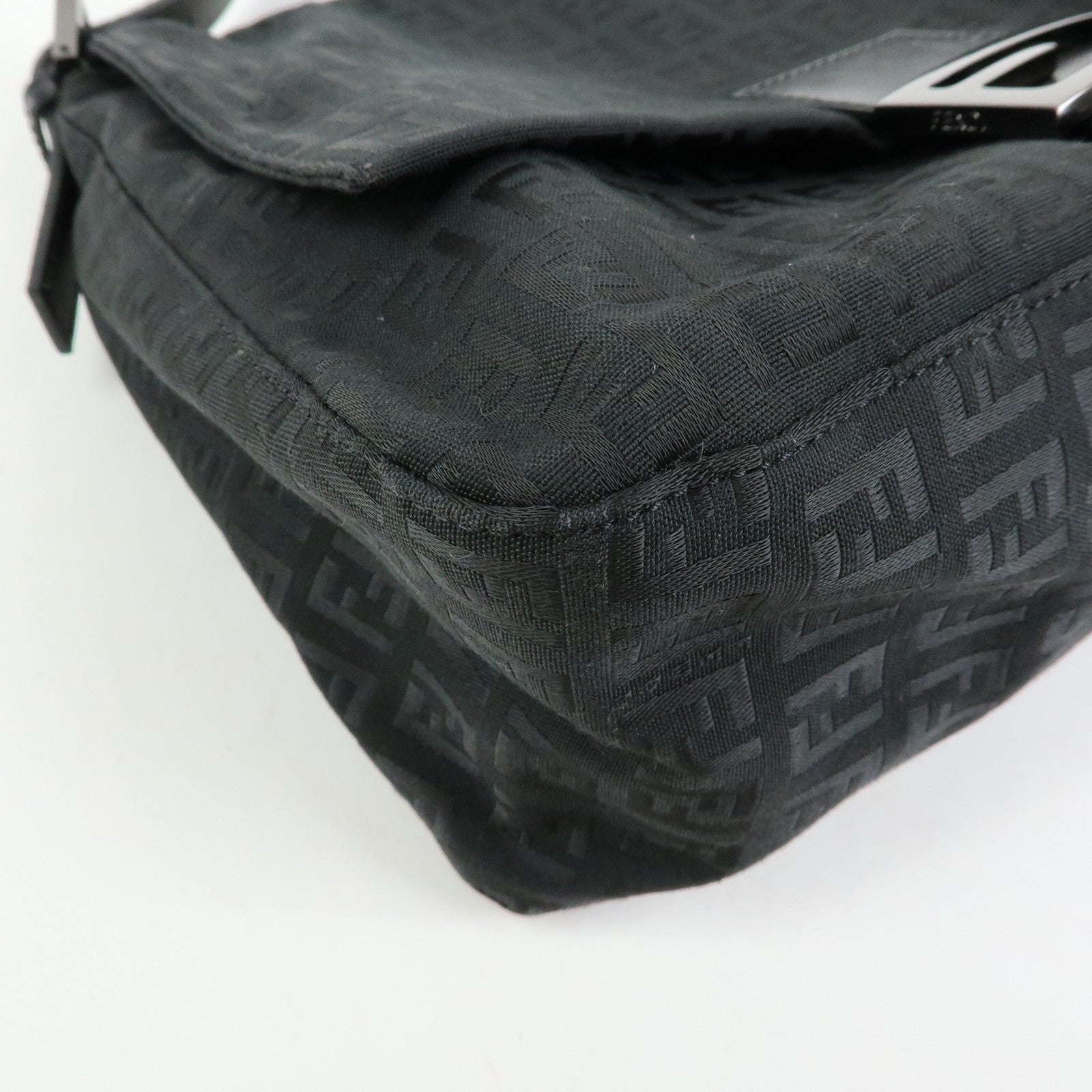 FENDI Mamma Baguette Zucchino Canvas Leather Shoulder Bag Black 8BR001