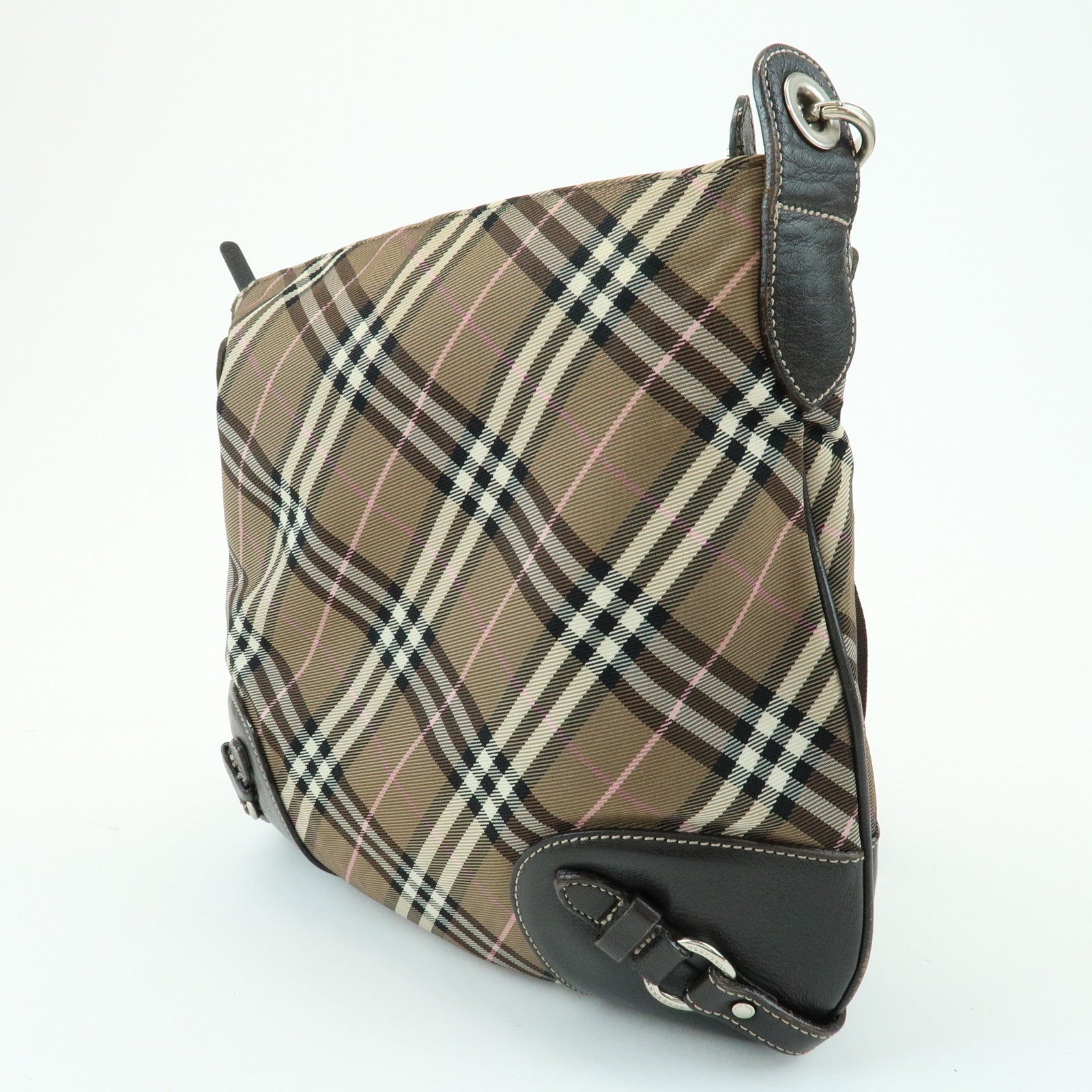 BURBERRY Nova Plaid Blue Label Canvas Leather Shoulder Bag Brown