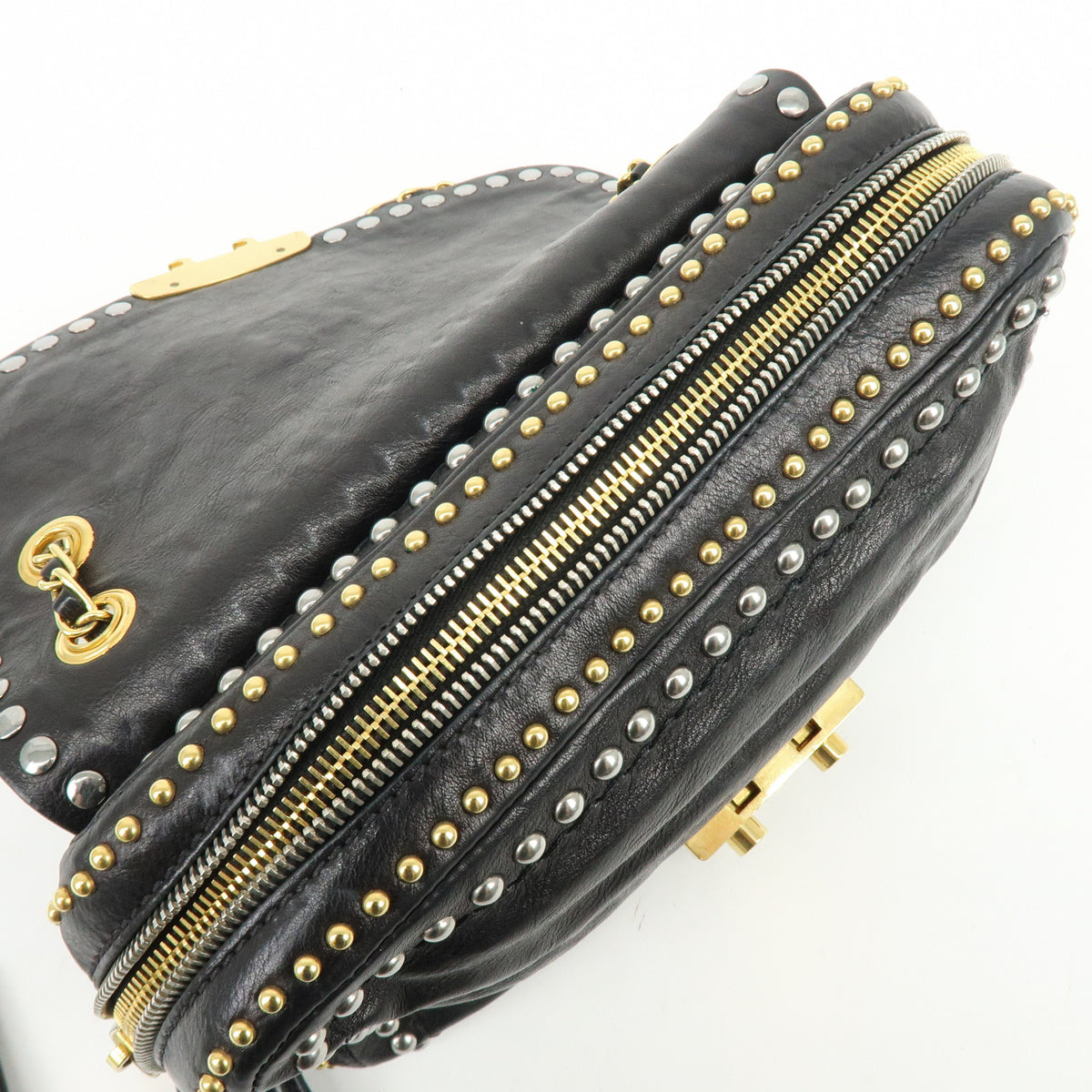 PRADA Leather Chain Shoulder Bag Studded Black Gold Silver BR4588