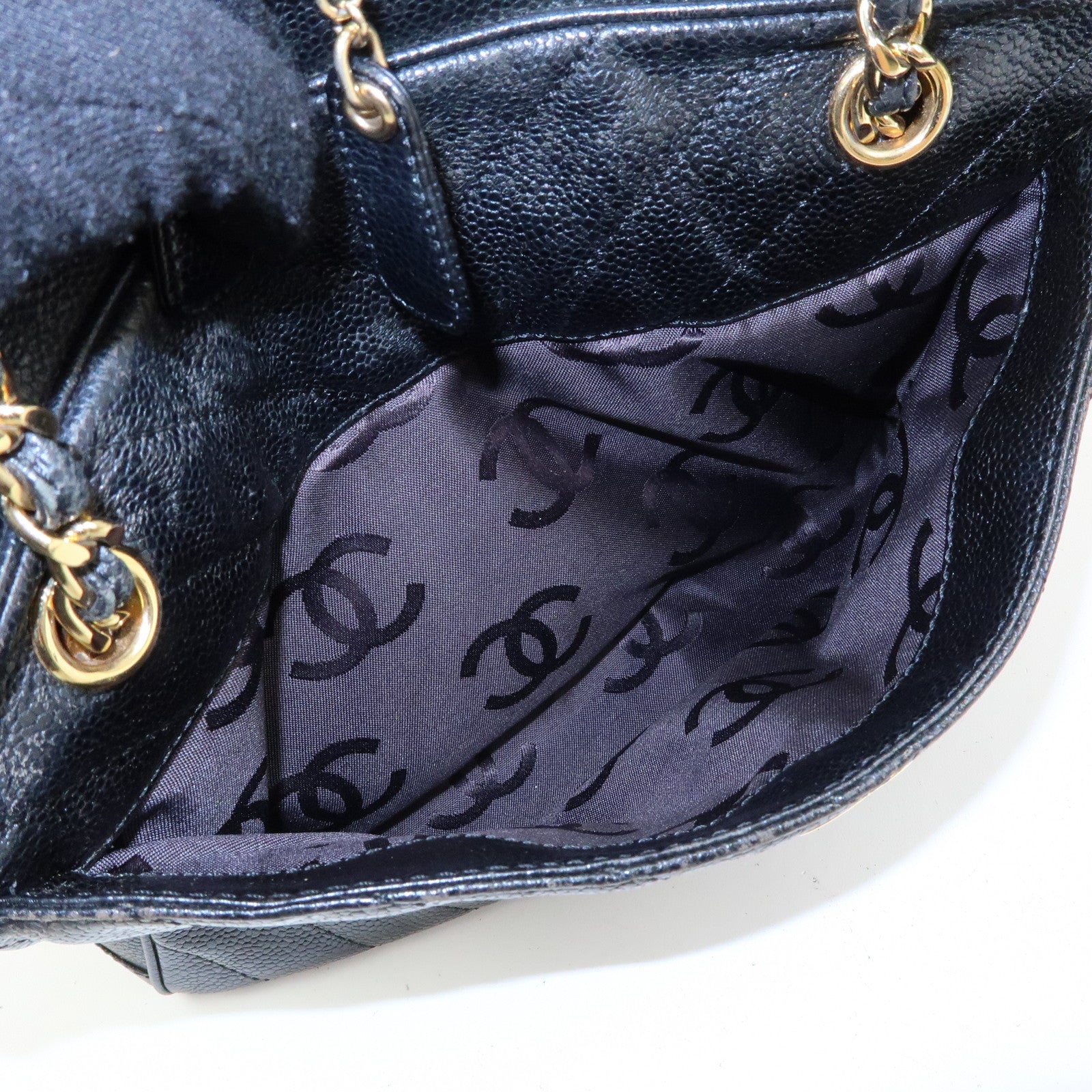 CHANEL Chevron COCO Mark Caviarskin Chain Shoulder Bag  Black