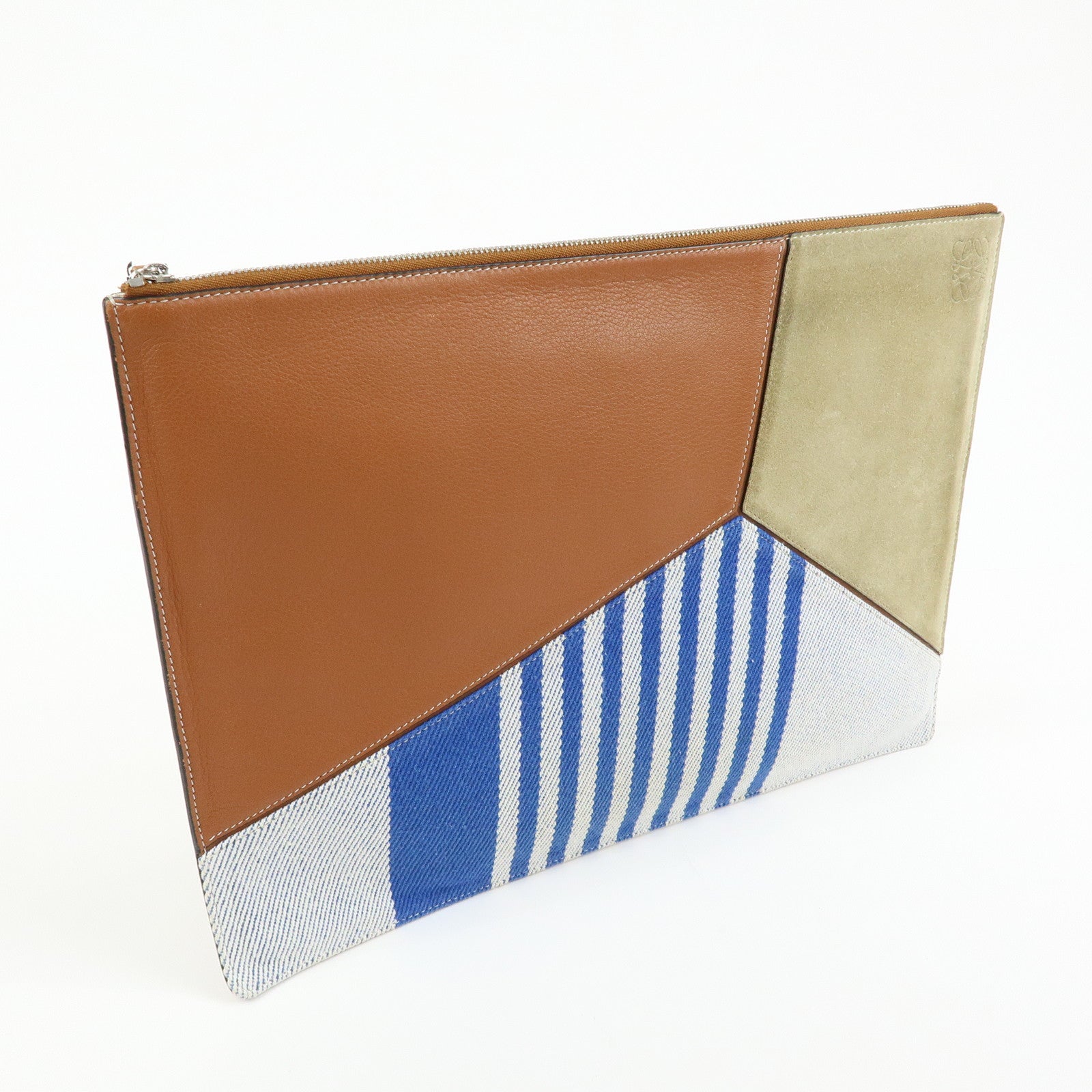 Loewe Anagram Puzzle Leather Suede Canvas Clutch Bag Blue Brown Beige