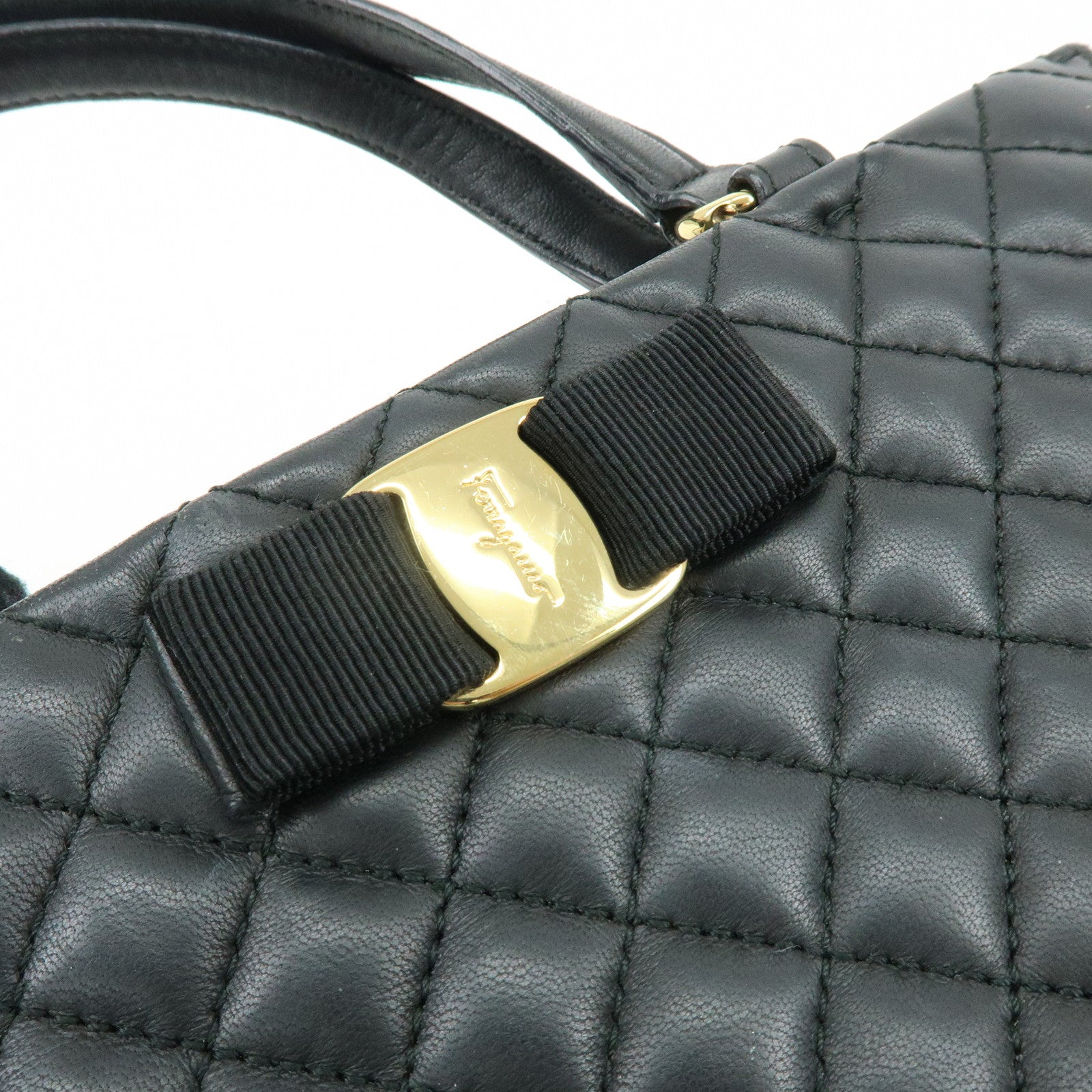 Ferragamo Vara Ribbon Leather 2Way Bag Hand Bag Shoulder Bag Black