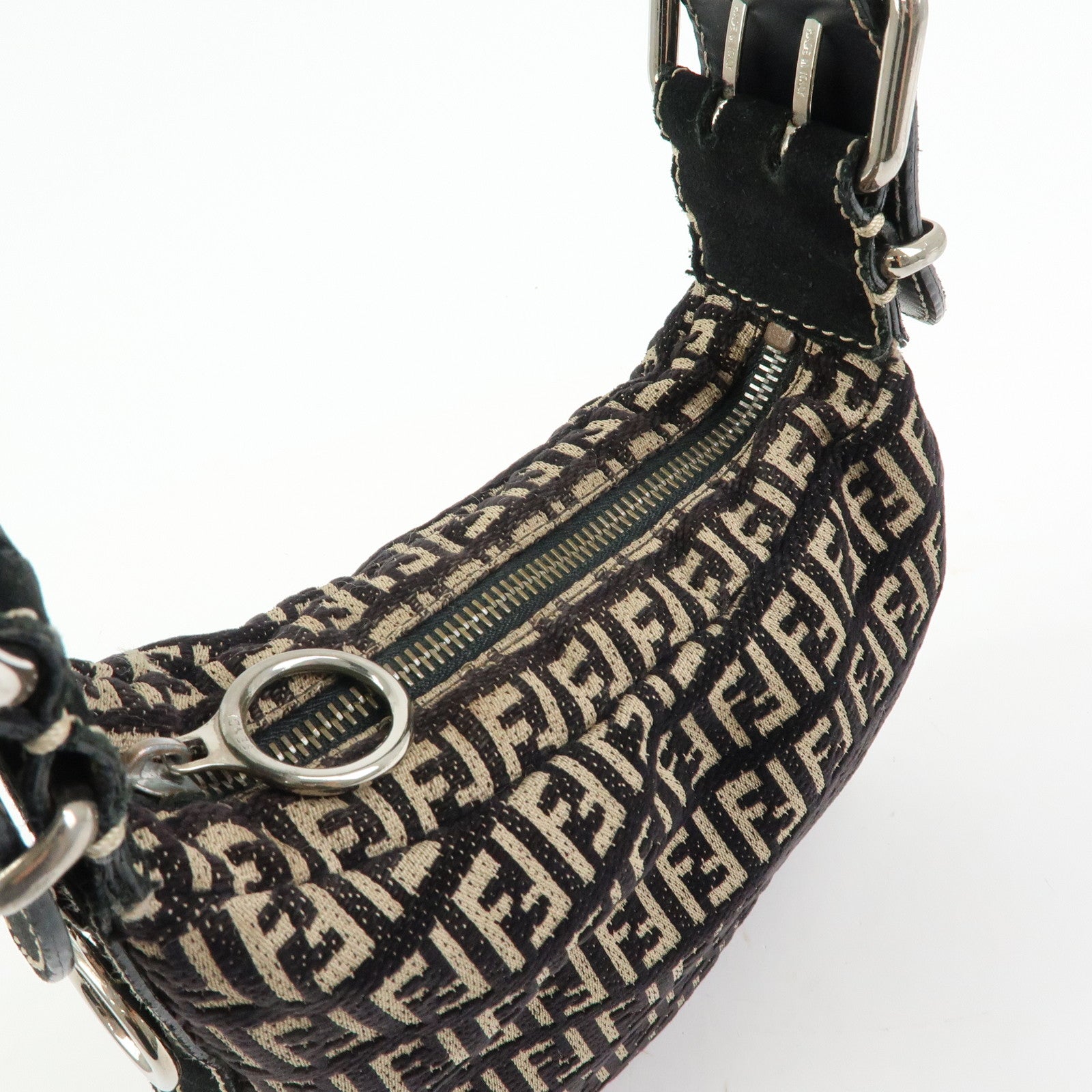 FENDI Zucchino Canvas Leather Shoulder Bag Hand Bag Black Beige