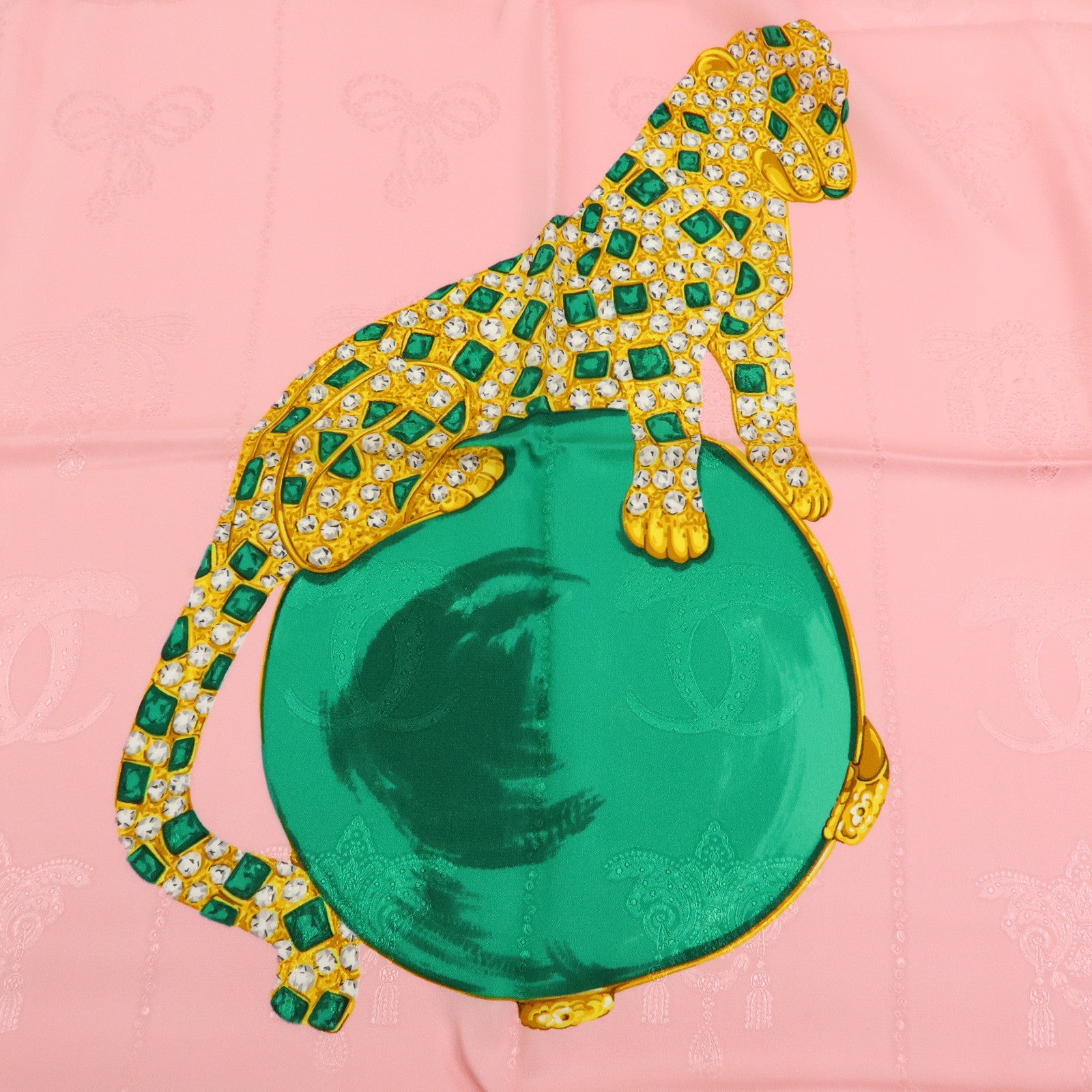 Cartier Silk 100% Scarf Jeweled Panther Motif Pink Green