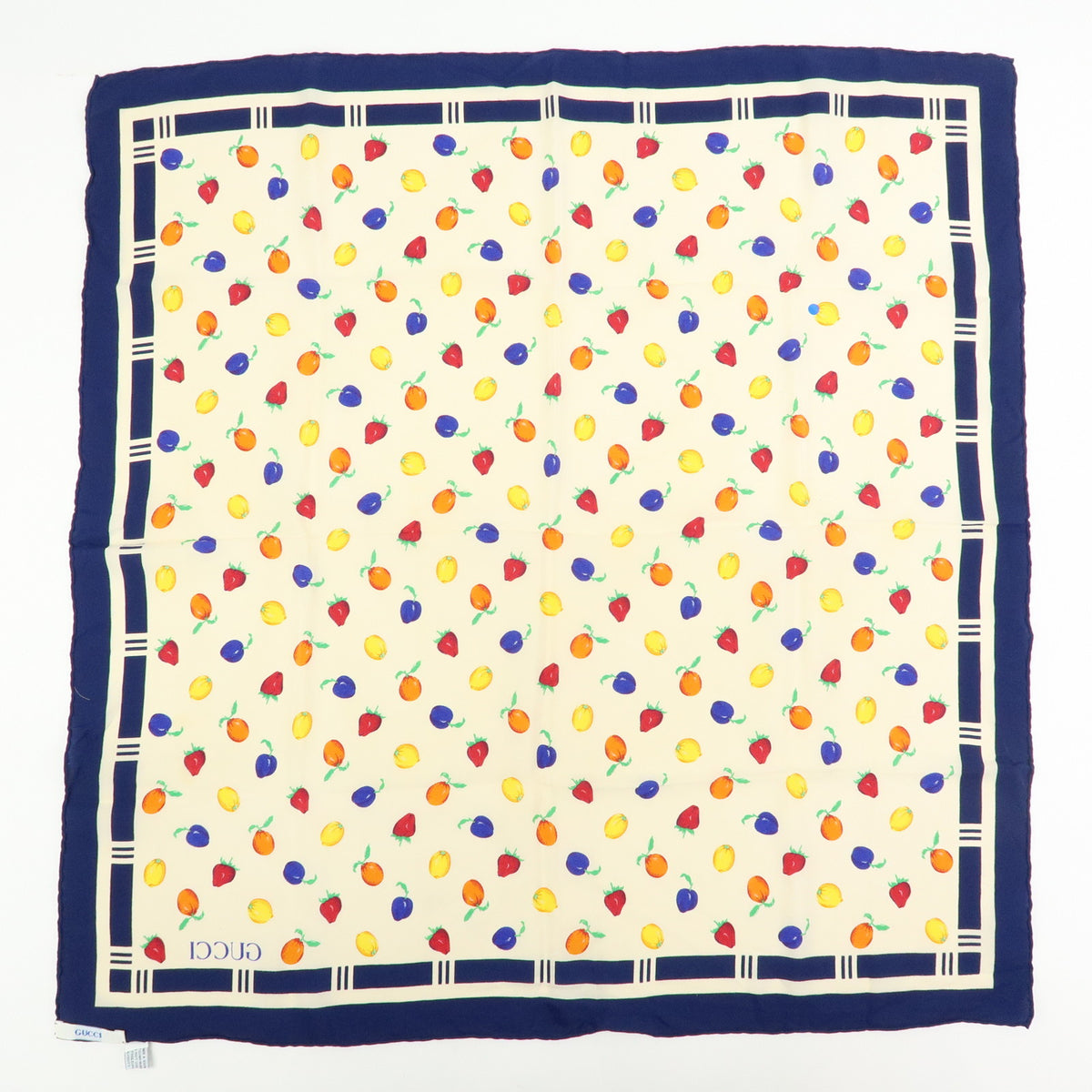 GUCCI Silk 100%  Scarf Shawl Fruit Pattern Navy Multicolor