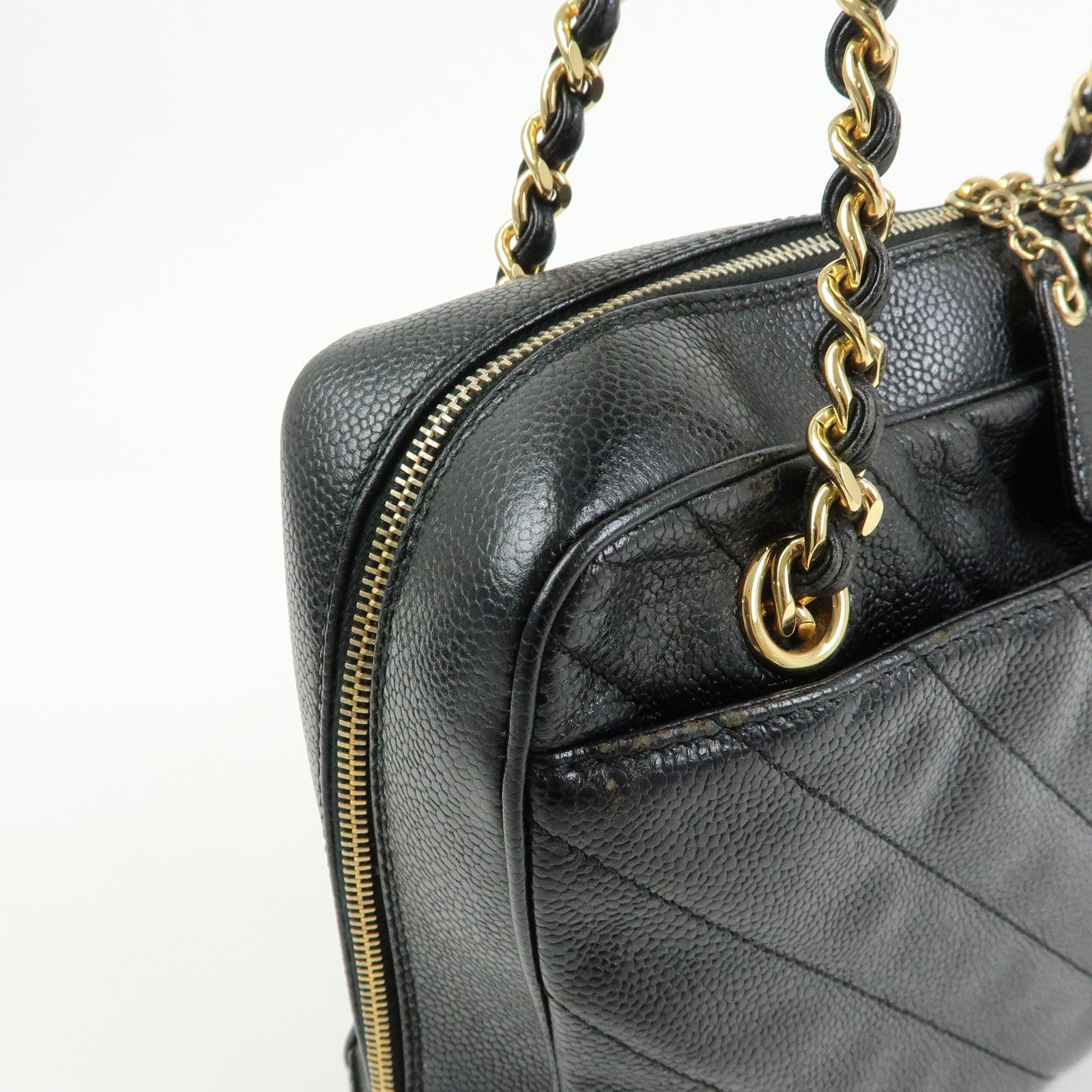 CHANEL Chevron COCO Mark Caviarskin Chain Shoulder Bag  Black