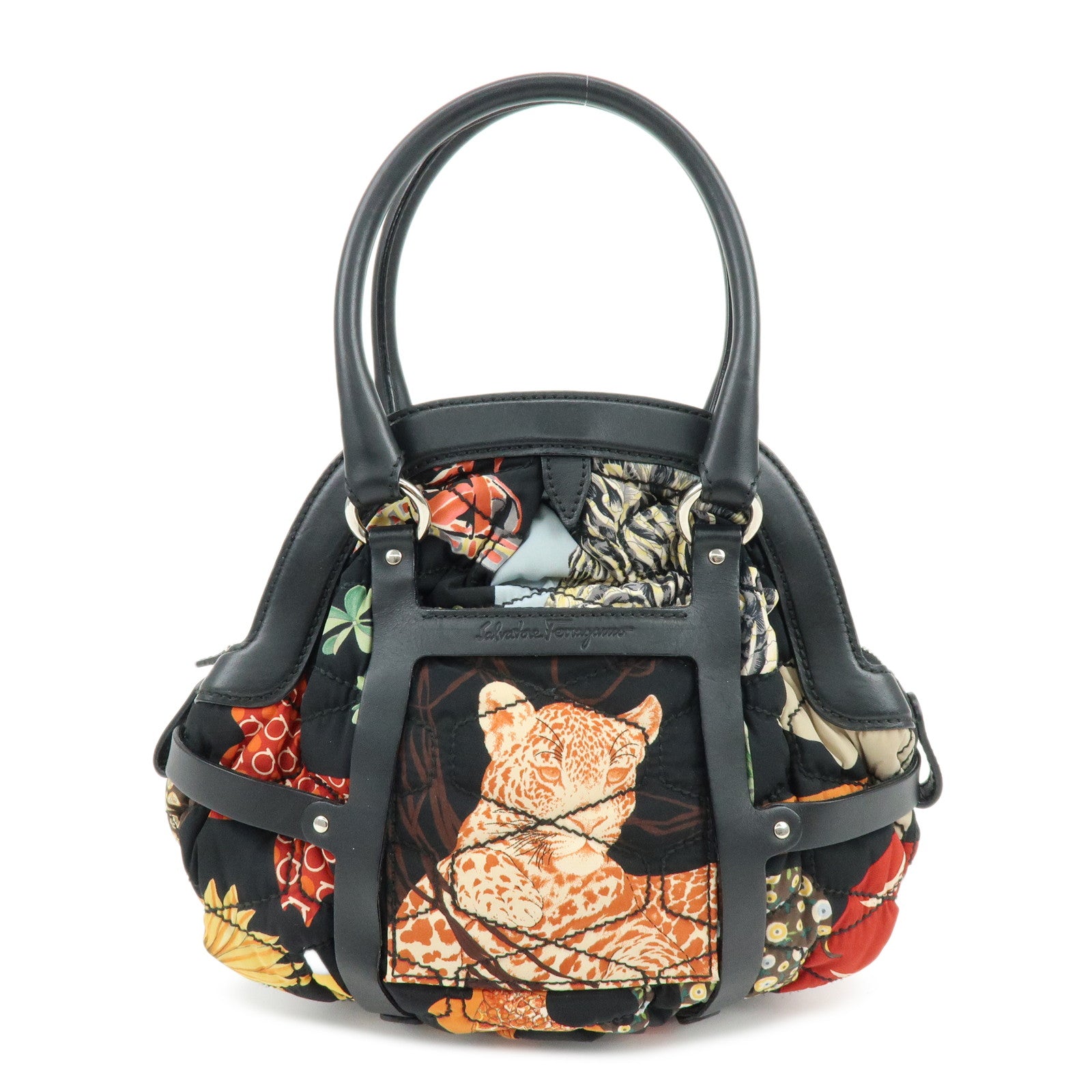 Ferragamo Nylon Quilting Leather Hand Bag Animalier Black Multicolor