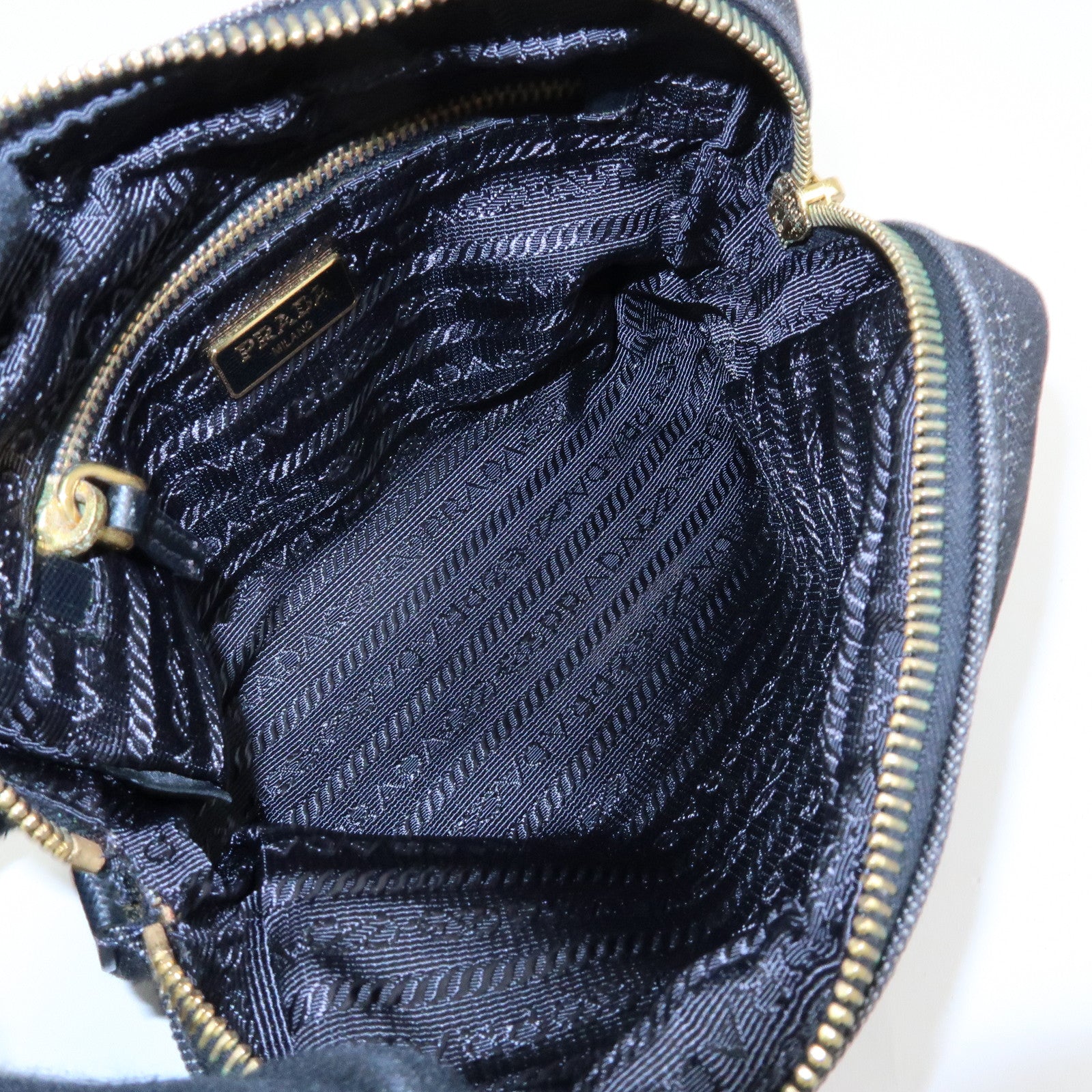 PRADA Triangle Logo Denim Cosmetic Pouch Black Gold