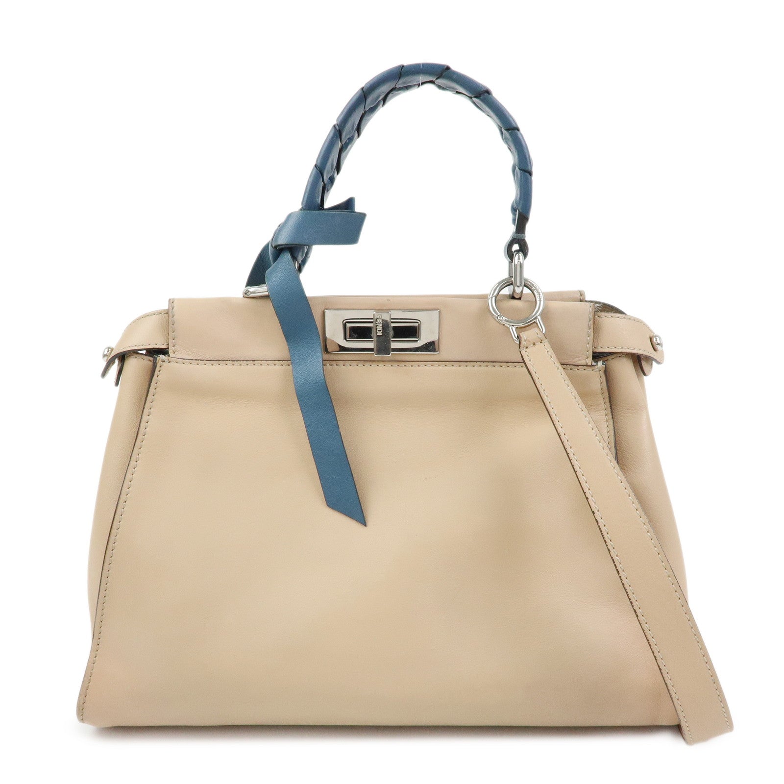 FENDI Peekaboo Medium Leather 2Way Bag Hand Shoulder Bag Beige 8BN290