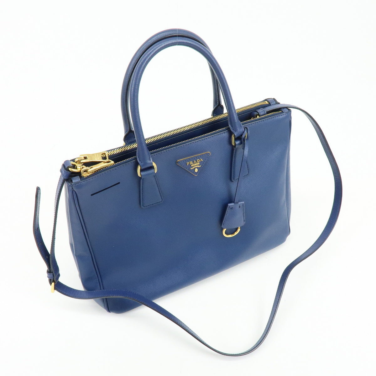 PRADA Galleria Triangle Log Saffiano Leather 2Way Hand Bag Blue BN2274