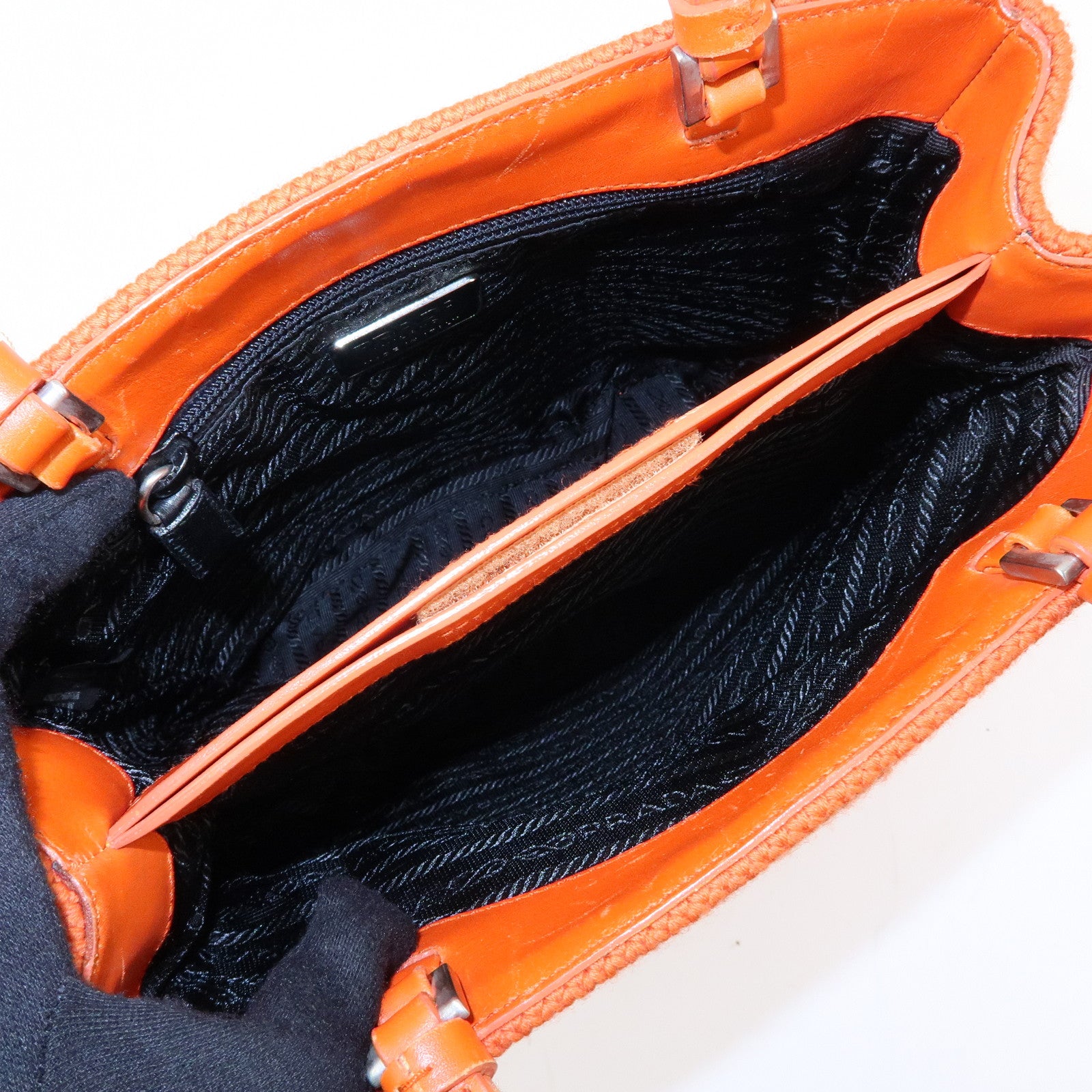 PRADA Triangle Log Wool Leather Hand Bag Shoulder Bag Orange