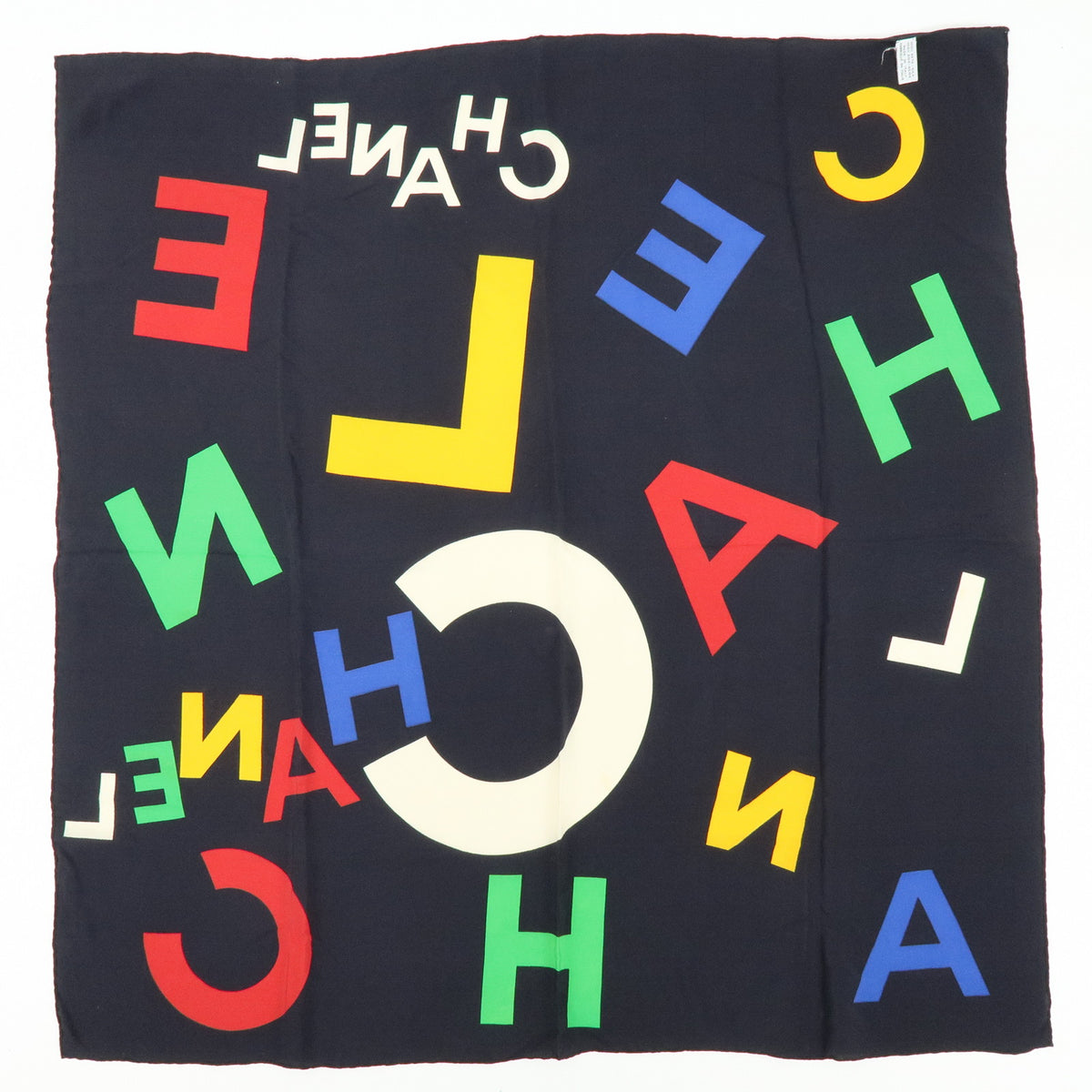 CHANEL Logo Silk 100% Scarf Black Multicolor
