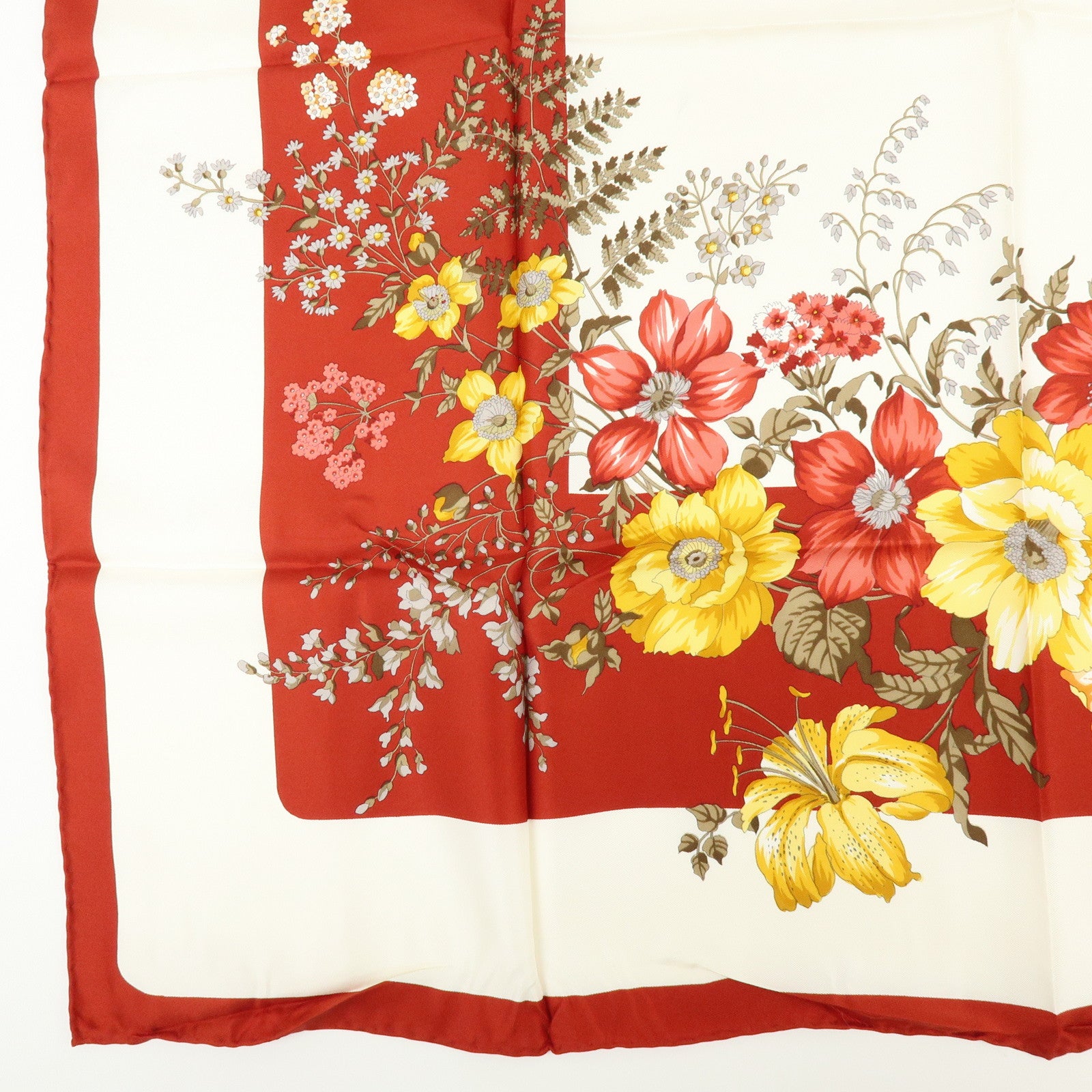 Christian Dior Silk 100％ Scarf Flower Print White Red Yellow