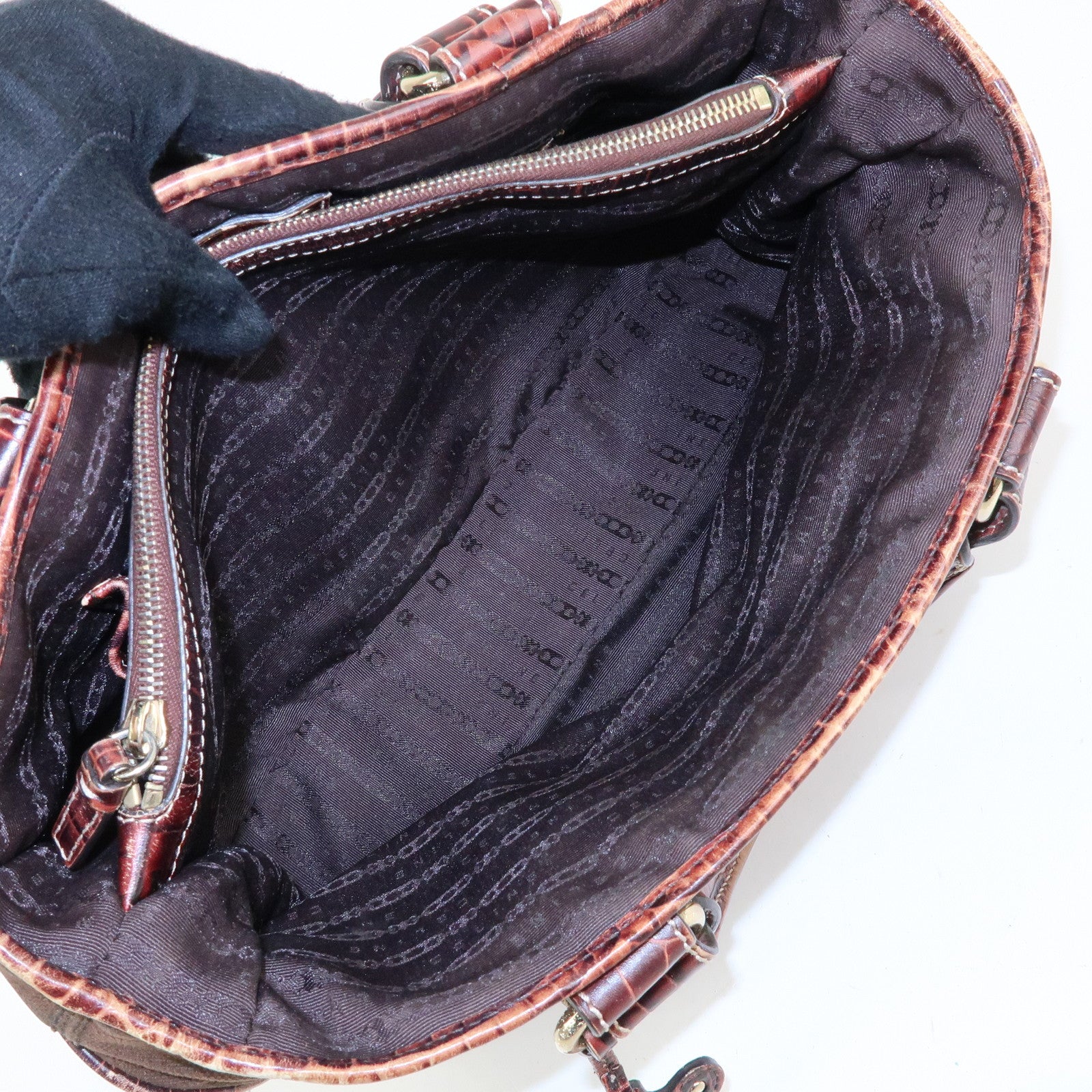 CELINE Boogie Bag Canvas Embossed Leather Hand Bag Tote Bag Brown