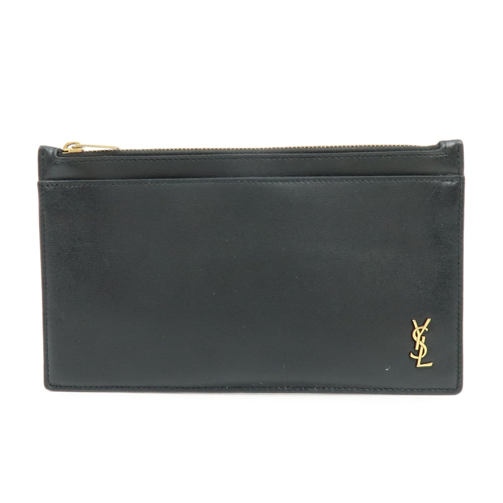 SAINT RAURENT PARIS Logo Leather Flat Pouch Black 636329