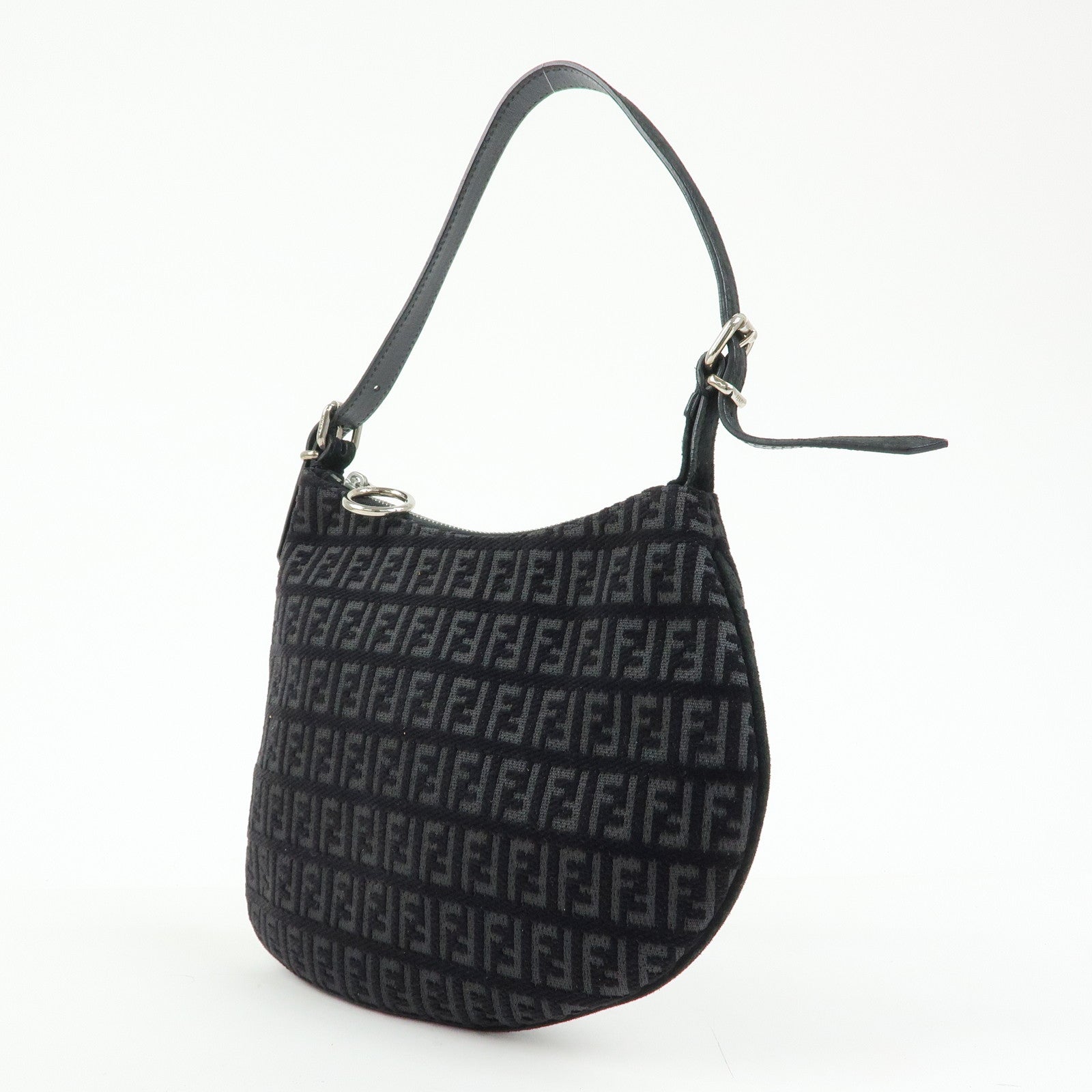 FENDI Zucchino Canvas Leather Shoulder Bag Hand Bag Black 8BR248