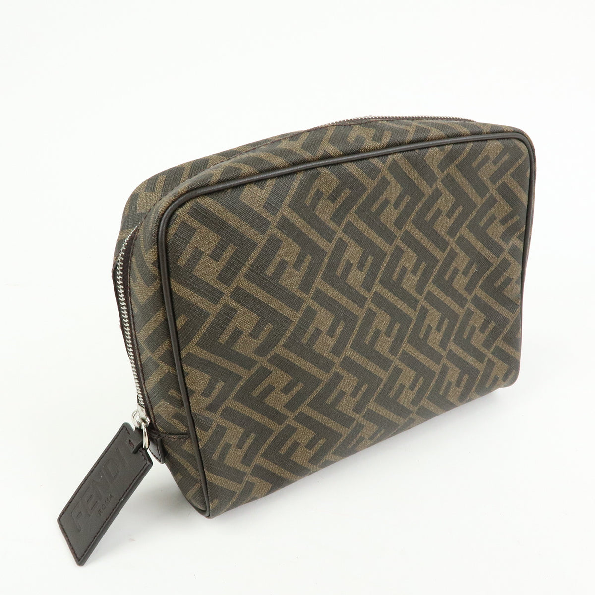 FENDI ZUCCA PVC Leather Clutch Bag Pouch Brown Black 7N0116