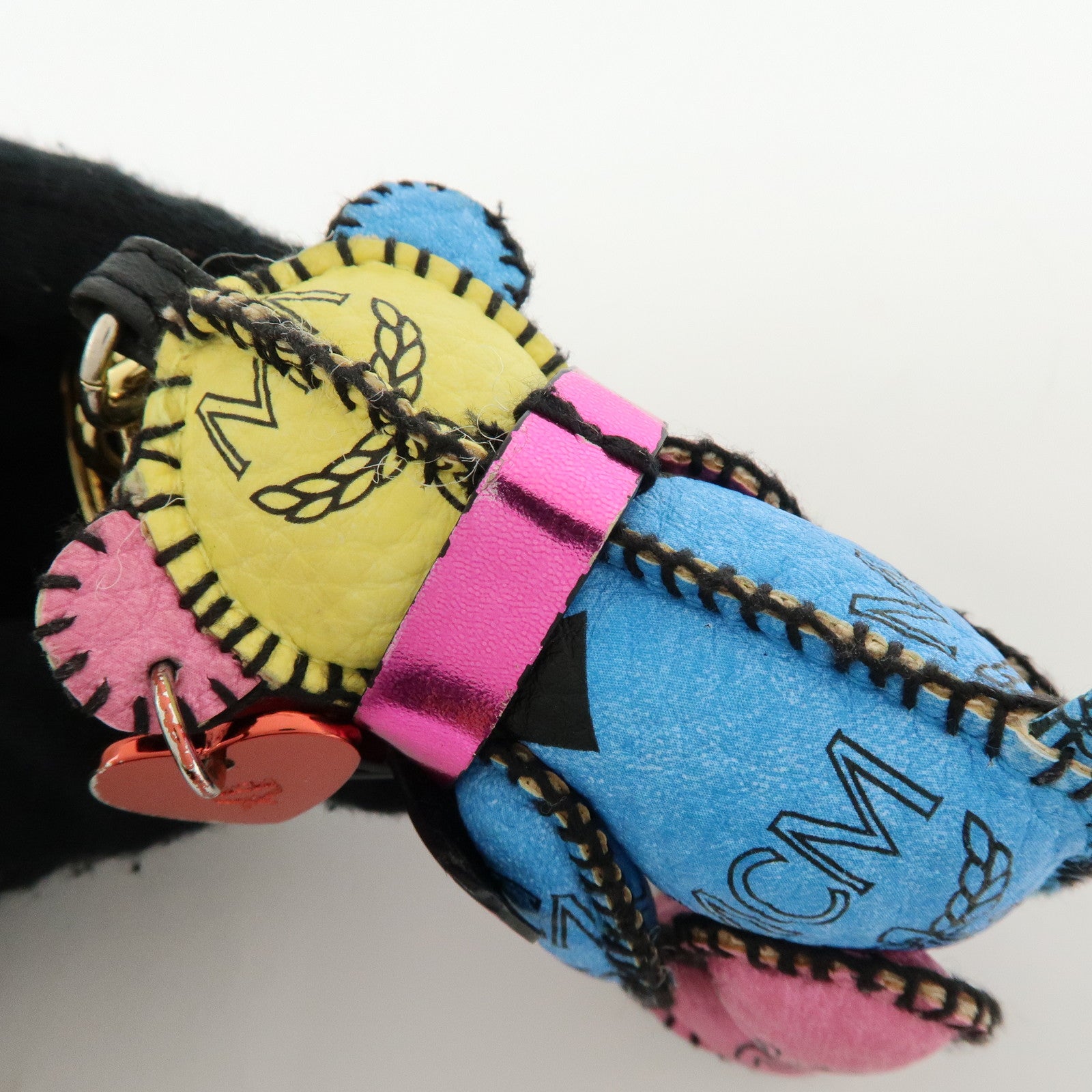 MCM Visetos Bear Leather Bag Charm Key Chain Yellow Pink Blue
