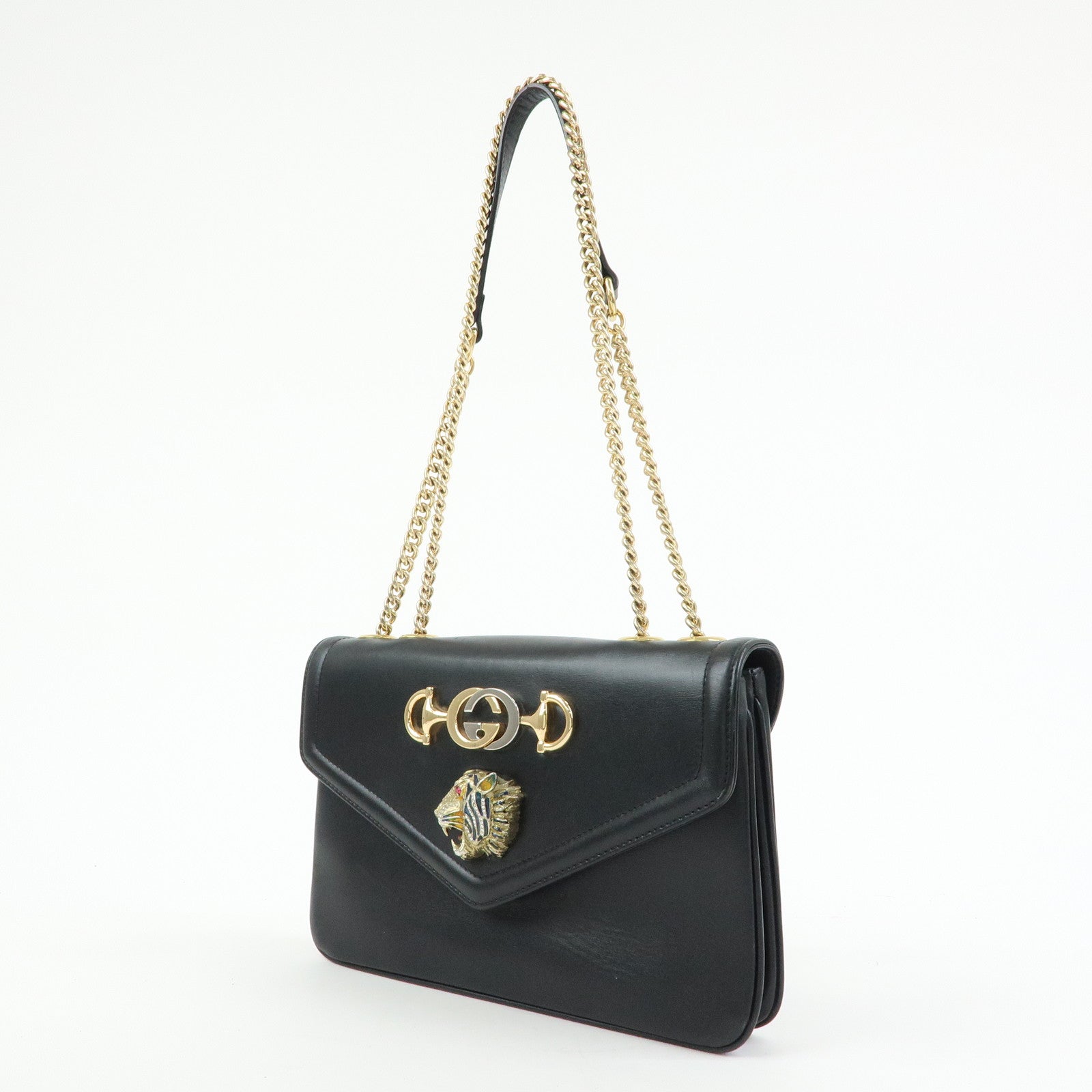 GUCCI Rajah Tiger Head Leather Chain Shoulder Bag Black 537241